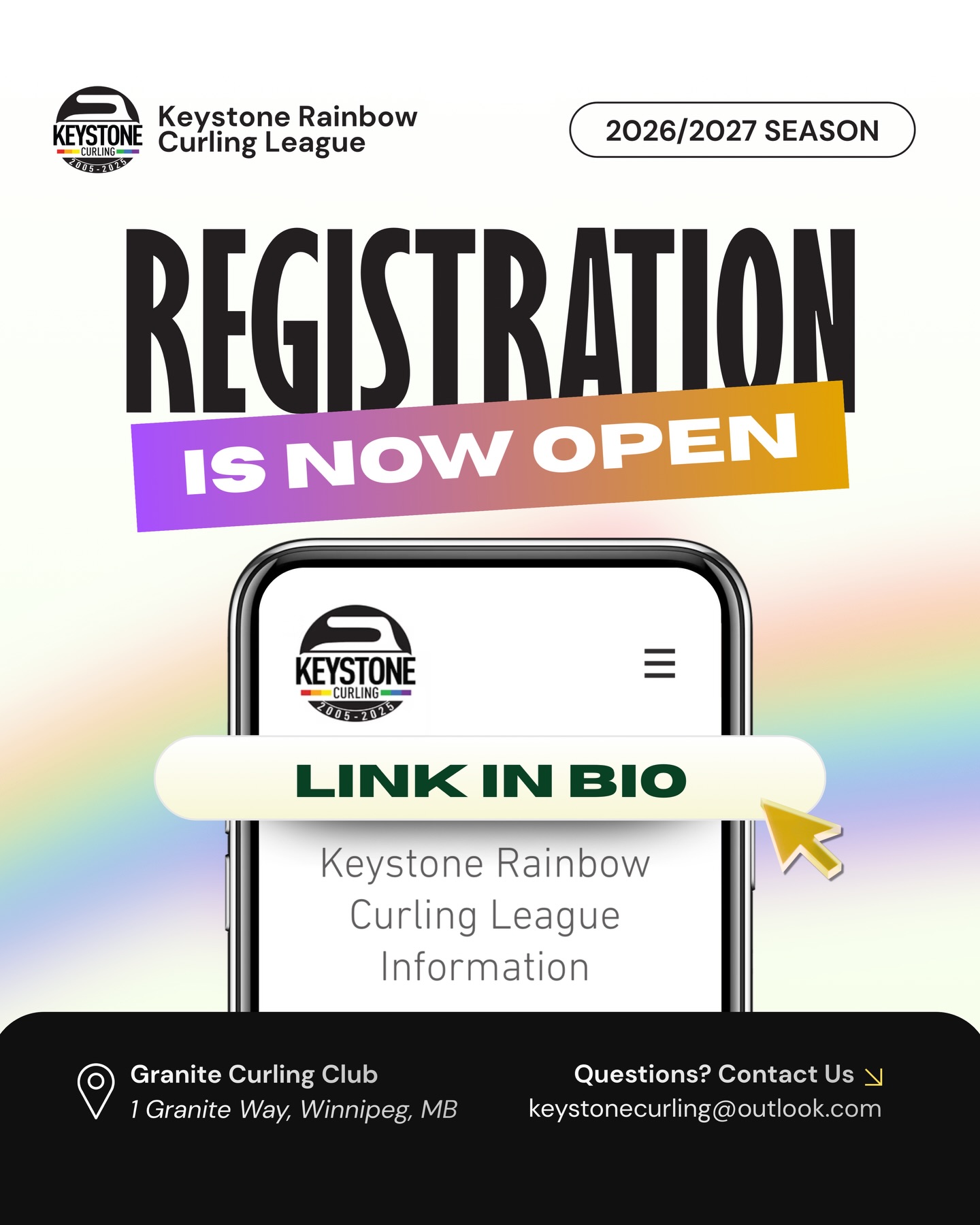 Registration is officially OPEN for the 2026/2027 Season! Your spot on the ice is calling, 🌈👀🥌
Whether you’re a seasoned skip or brand new and our curling community is here for you, the 2026/2027 Keystone Rainbow Curling League season is sure to shape up to be one you don’t want to miss.
✨ WHAT YOU NEED TO KNOW:
• Stanadard League Fee: $195.67 (before tax)
• Spare/Alternate Fee: $78.00 (before tax)
• Registration and payment made after October 31, 2026 will have a late registration fee of $25 (don’t be that person)
• Easy online sign-up, yes we love a streamlined moment
• Follow us for future information about upcoming events like our Hot Curl Summer (WPG Pride Event), Official Registration & Mixer Event (Early Fall Event)
Head to the LINK IN BIO 🔗 or go directly to
www.keystonecurling.com to register!
#CurlingCanada #QueerSports #rainbowcurling