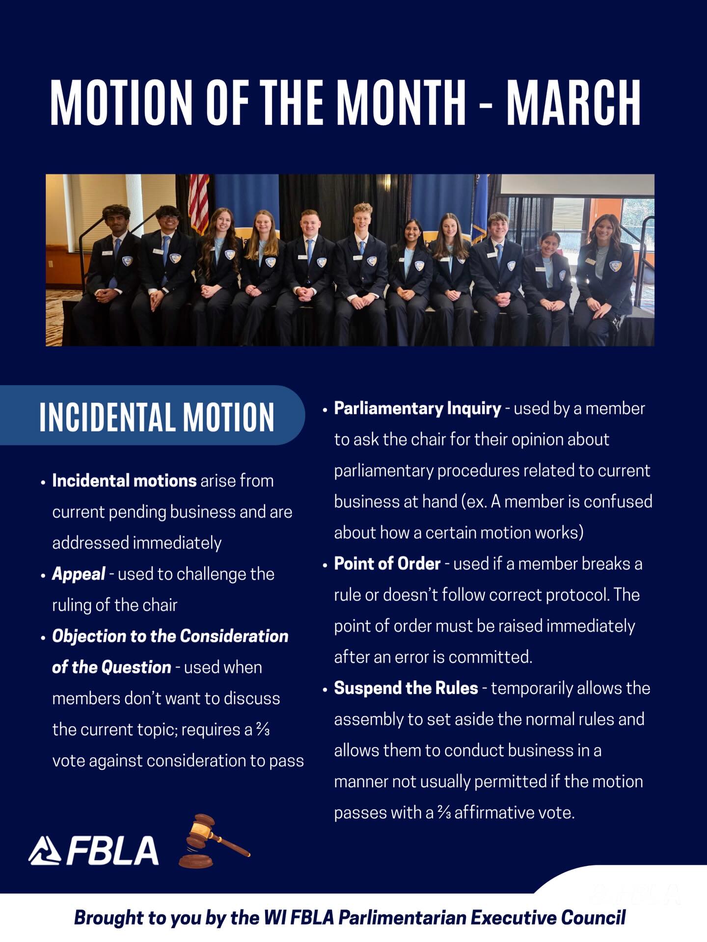 March’s Motion of the Month is an Incidental Motion! To test your knowledge check out the Parliamentary Procedure quiz in our bio!
Motion of the Month is brought to you by the WI State Parliamentarian’s Executive Council!