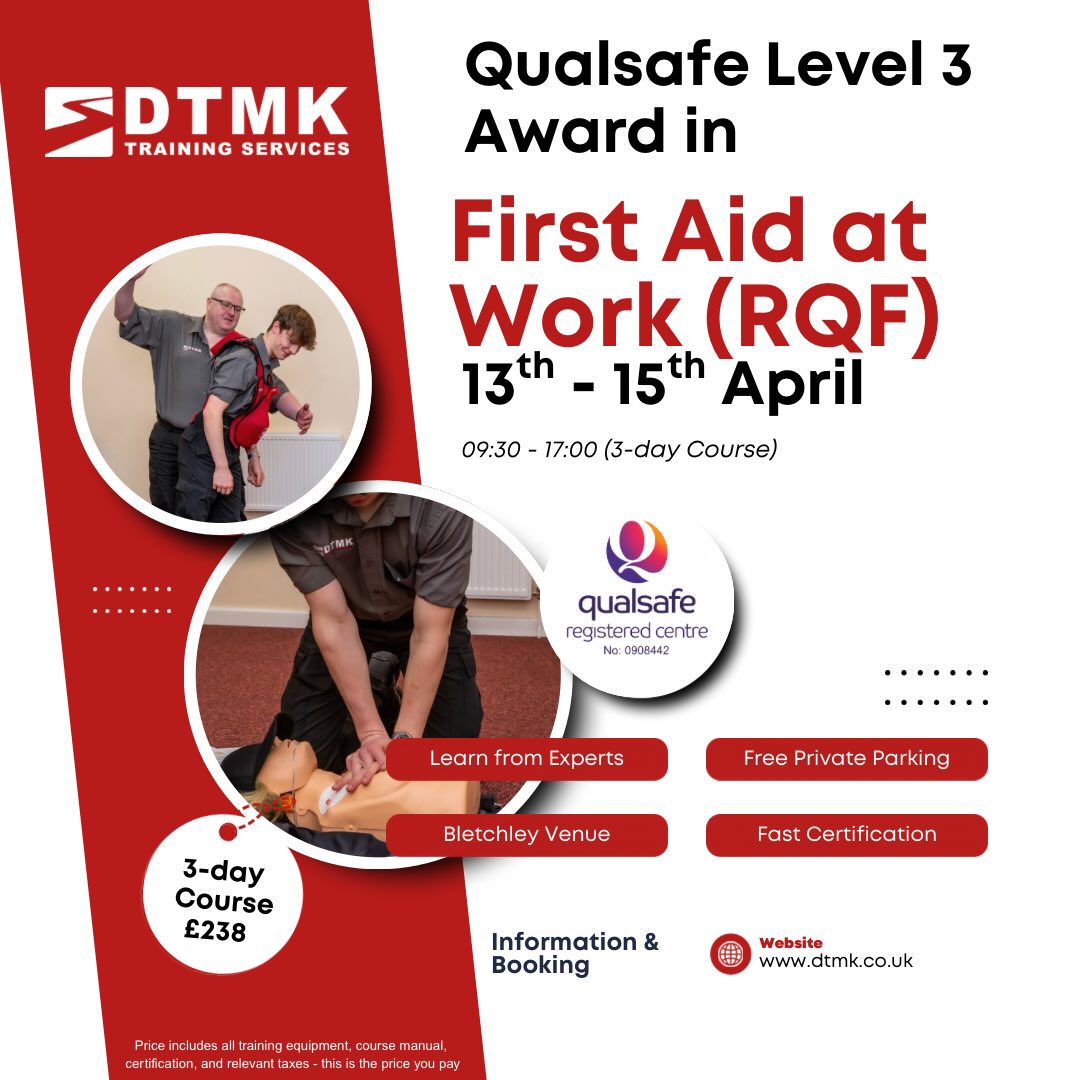 If anyone is thinking about getting their First Aid training sorted, I’ve got a few upcoming courses running locally in Bletchley through DTMK Training Services.
We’re a local, family run company based here in Milton Keynes, not one travelling in from miles away just to hire a room for the day. If supporting local businesses matters to you, we’d really appreciate it.
Our training venue is in West Bletchley. It’s modern, comfortable, and has free parking on site.
Upcoming courses:
• First Aid at Work (3 days) – 13th to 15th April
• Basic Life Support (all ages) – Saturday 25th April
• Emergency First Aid at Work – 19th May
All of our courses are delivered through our centre registered with Qualsafe Awards, so the qualifications sit on the regulated qualifications framework and are fully recognised.
Everything is included in the price. Certification, training materials, and course books. No hidden extras.
https://training.dtmk.co.uk
enquiries@dtmk.co.uk
01908 112111
Get in touch for more information and booking, or feel free to drop us a message on our Facebook page 👍