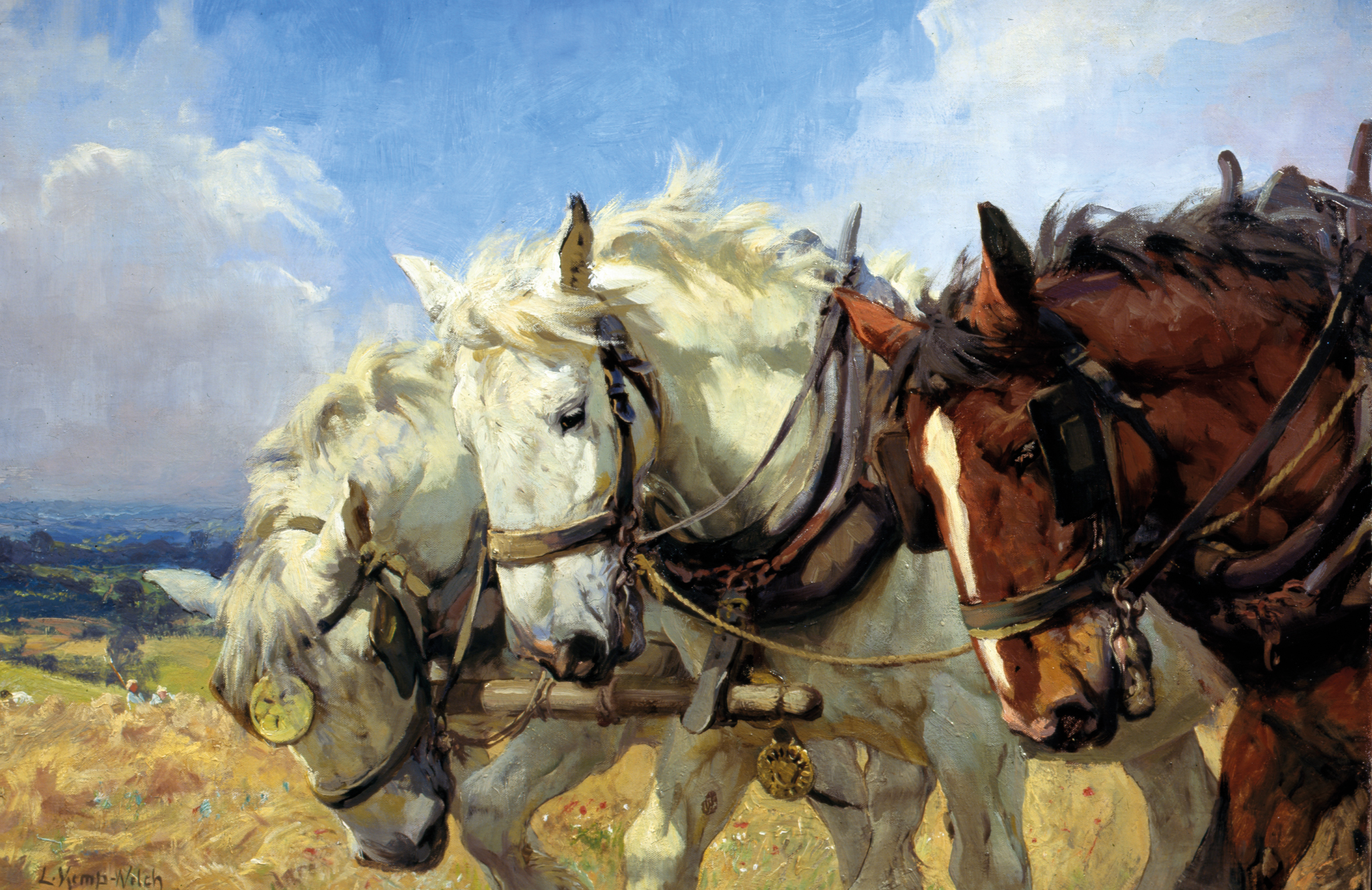 Lucy Kemp-Welch, 1869-1958, est une artiste britannique spécialisée dans la peinture de chevaux au travail. Nombre de ses œuvres sont exposées depuis 1975 au Messum's Fine Art, à Londres. Lucy Kemp-Welch est née à Bourmemouth où nous nous trouvons également pour visiter Muriel, la maman de Janet. Muriel était prof de maths dans l'école secondaire Kemp-Welsh School dans la ville.
