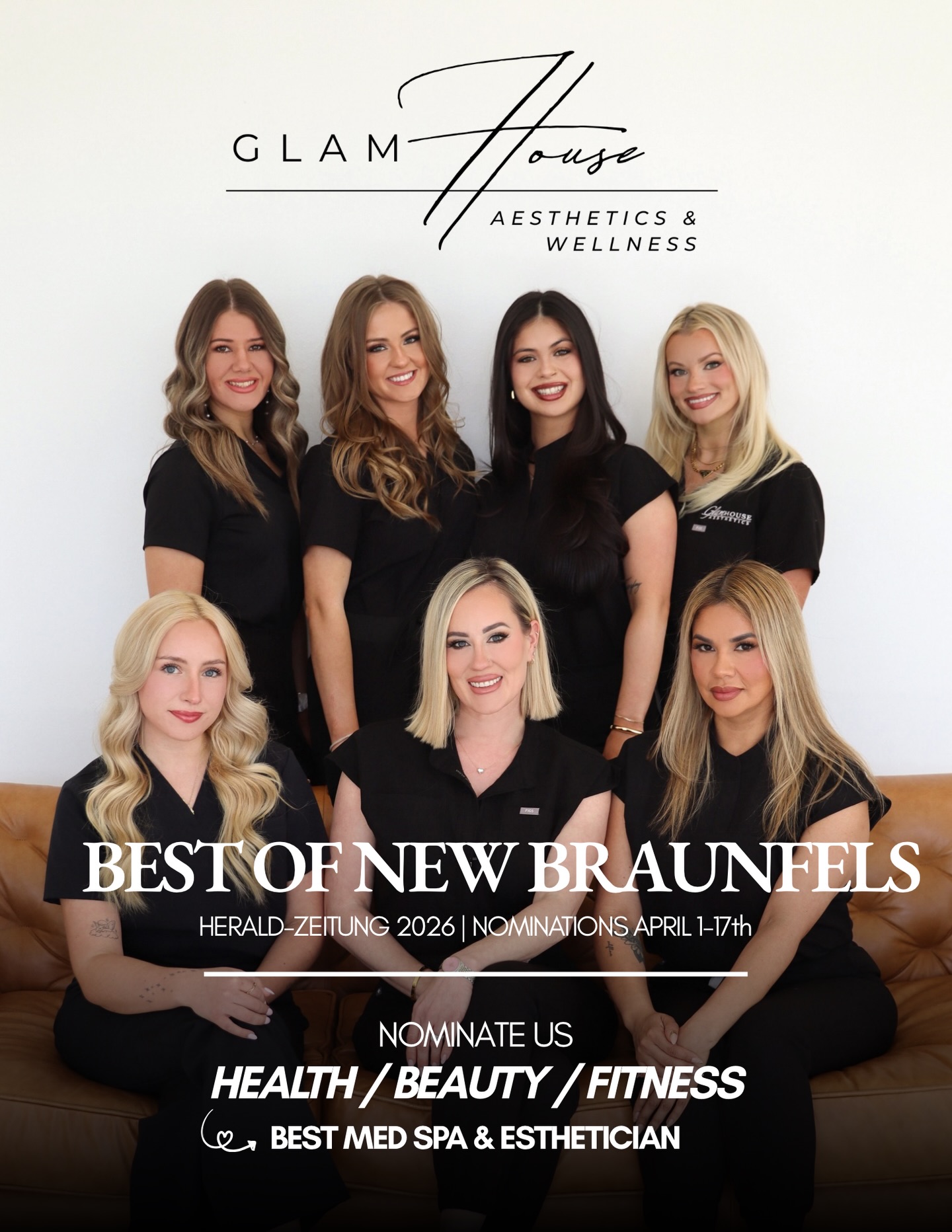 We need your support, New Braunfels đ¤
Nominations for Best of New Braunfels 2026 are officially open, and we would be so honored to be considered in the Health / Beauty / Fitness category â¨
Glam House was built on creating a space where you feel confident, cared for, and truly seenâand itâs all because of this amazing community that continues to support us.
If youâve loved your experience with our team, your results, or the care youâve received, we would be incredibly grateful for your nomination.
Visit the link in our bio & to nominate us:
Simply type âGlam House Aesthetics New Braunfelsâ into the nomination ballot under:
đ Best Med Spa & Esthetician
Every nomination truly means the world to us. Thank you for trusting us and being part of the Glam House family đ¤â¨
#GlamHouseAesthetics #BestOfNBTX #BONB #NewBraunfelsMedSpa #Medspa