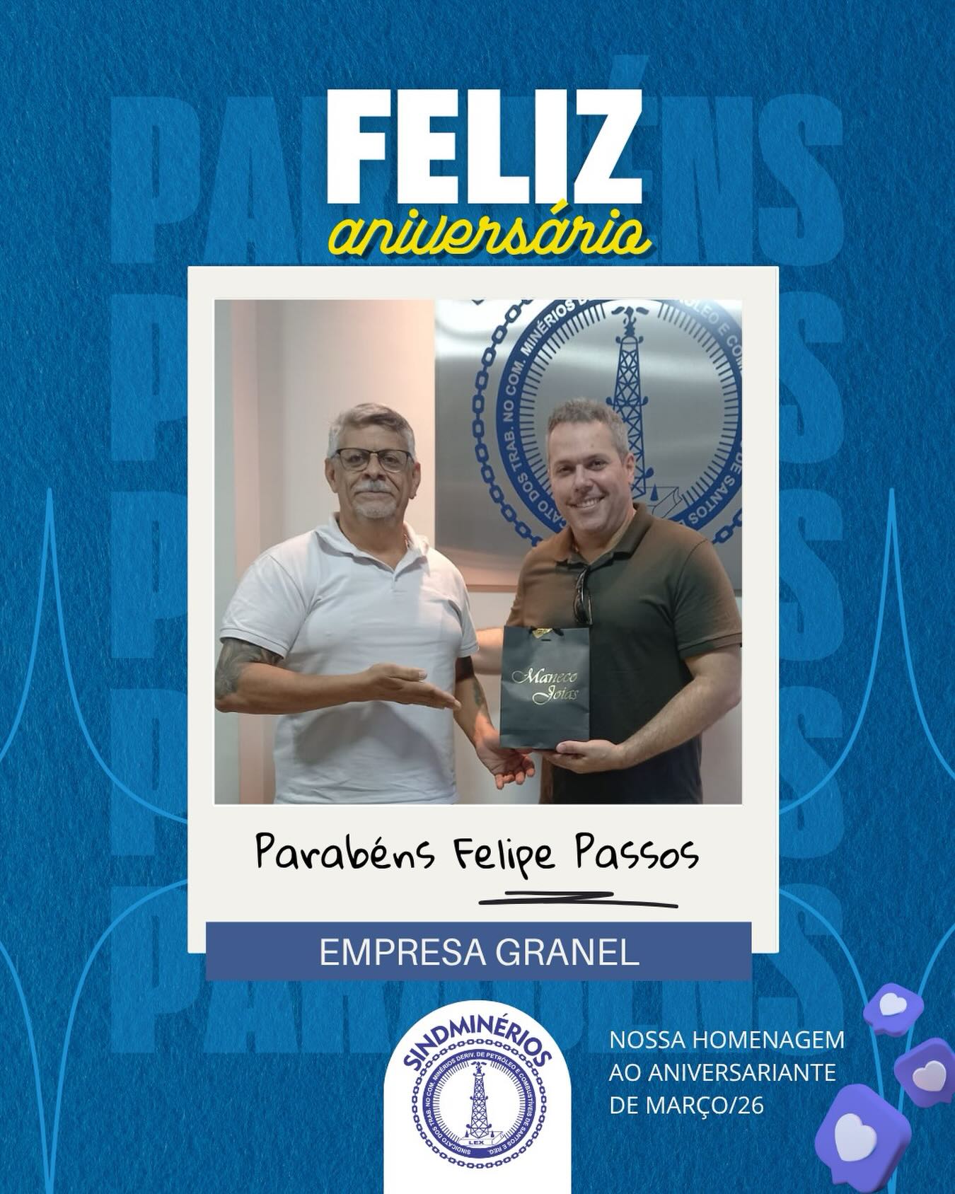 Parabéns Felipe Passos - empresa Granel, ganhador do sorteio de aniversariantes do mês de março
🥳