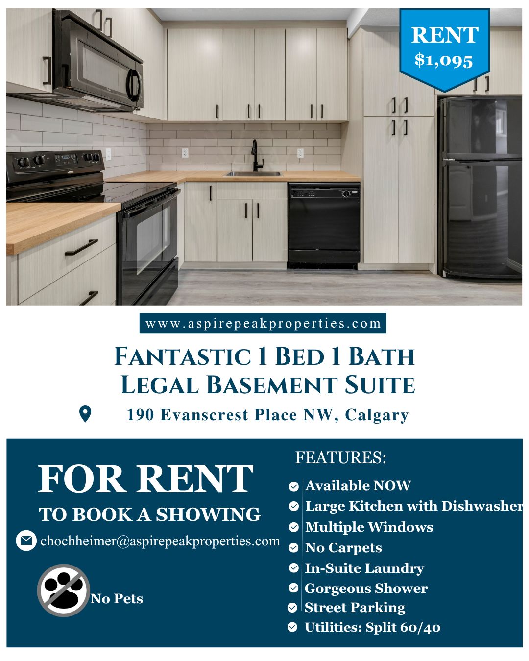 Fantastic 1 Bed, 1 Bath Legal Basement Suite! 🏡✨
Looking for affordable, modern living in a vibrant Calgary neighborhood? Welcome to 190 Evanscrest Place NW—a stunning legal basement suite with all the comforts you need at a price that makes sense.
This bright, well-appointed suite features a large kitchen with dishwasher and black appliances, in-suite laundry for convenience, and a gorgeous modern bathroom with a beautiful shower. Multiple windows flood the space with natural light, and there are no carpets—just clean, easy-to-maintain flooring. Street parking is available, and you'll enjoy a peaceful setting in the Evanston community close to shopping, dining, and parks. 🔑
💰 Rent: $1,095/month
📍 Evanston, Calgary
✅ Available Now
🏡 1 Bed, 1 Bath | Large Kitchen with Dishwasher | In-Suite Laundry | Modern Bathroom | Multiple Windows | No Carpets | Street Parking | Utilities: Split 60/40 | No Pets
📩 Book your showing: chochheimer@aspirepeakproperties.com
Professionally leased by AspirePeak Properties Ltd.