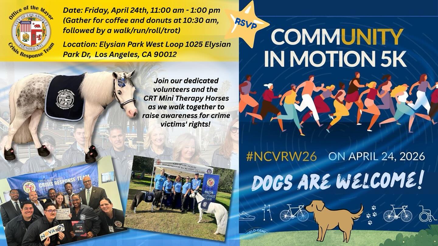 Come join us, as members of the Mayor’s Crisis Response Team, for this special event supporting survivors of crime and crisis across the country. This event is hosted by NOVA, the National Organization for Victim Advocacy for National Crime Victims’ Week. Friday April 24th, 11am to 1pm, Elysian Park West Loop, 1025 Elysian Park Drive, LA 90012 #crime #survivors #hope #advocacy #healing #wellness #compassion @crt_lamayor #wellness #mentalhealth #support #horse #minitherapyhorses #volunteer #community