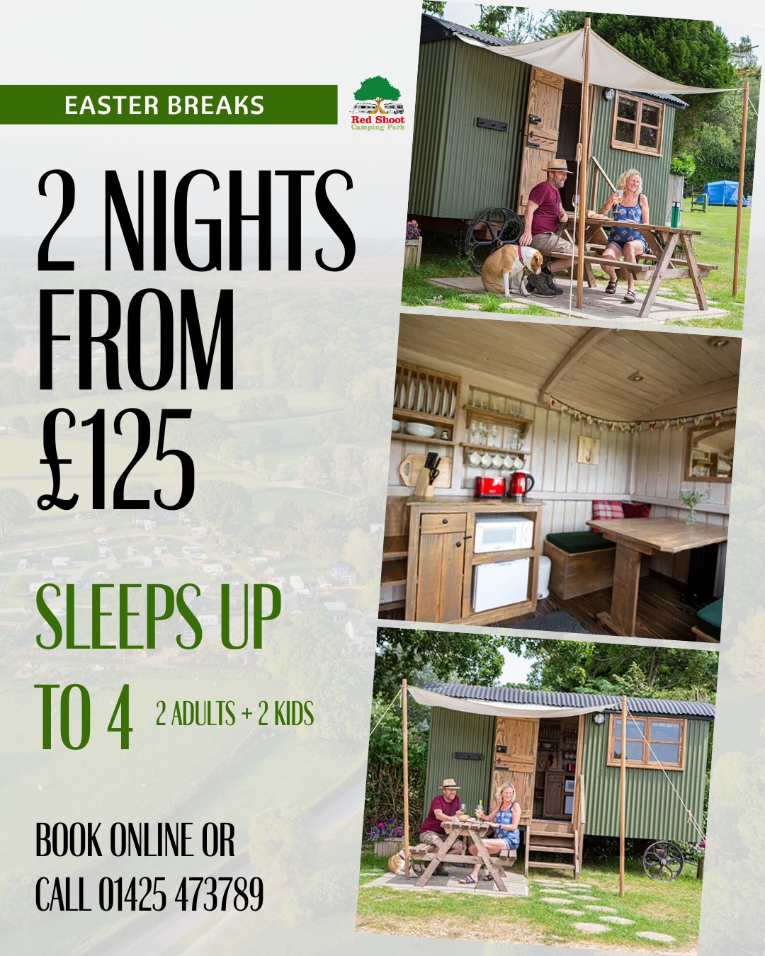 🌸 EASTER HOLIDAY SPECIAL OFFER 🌸
Enjoy a relaxing countryside break this Easter!
🏡 2 nights starting from just £125
👨👩👧👦 Sleeps up to 4 (2 adults & 2 children)
🌿 Stay in our cosy shepherd’s huts: The Drey or The Bothy
Perfect for a family getaway, peaceful retreat, or Easter adventure!
📅 Limited availability during the Easter holidays
💻 Book online or
📞 Call 01425 473789