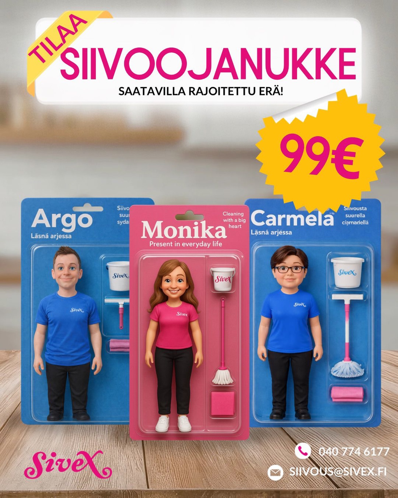 💖 UUTUUS 💖
Upeat siivojanukkemme nyt saatavilla ⭐️⭐️⭐️⭐️⭐️
Esittelemme uuden siivousnukkemalliston – huolella viimeisteltyjä nukkeja, jotka on tehty meidän omien työntekijöidemme pohjalta. Jokaisella nukella on oma persoonallinen ilme ja tuttu työasu!
Ensimmäinen erä on nyt saatavilla rajoitetusti – nappaa omasi ennen kuin nämä viedään käsistä!
#siivoojanukke #siivous