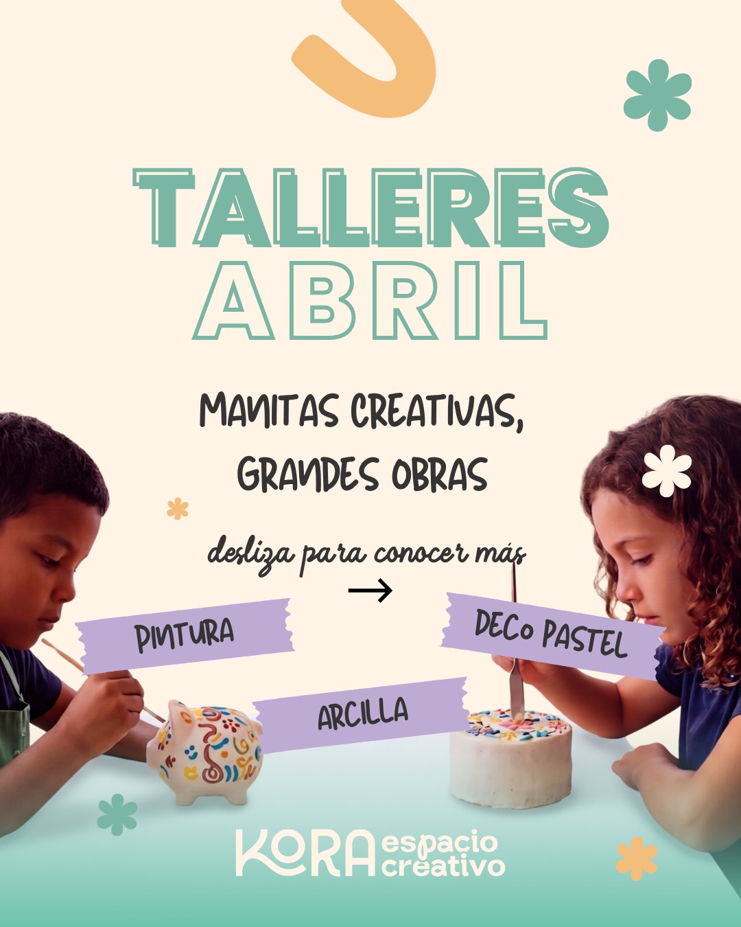 🎨✨ TALLERES DÍA DEL NIÑO en Kora Espacio Creativo ✨🎨
Manitas creativas, grandes obras 💛
Este mes tenemos experiencias pensadas para que los peques creen, aprendan y se diviertan mientras desarrollan su creatividad 🧠🎈
Desliza y elige su favorito 👇
🐷 Mi Primer Ahorro
Pinta tu cochinito y aprende de forma divertida sobre el ahorro 💰
🎂 Cake Fun: Decora tu pastel
Decora tu propio pastel individual (¡ya listo para decorar!) y deja volar tu imaginación 🧁✨
🌸 Mi Espejo Floral
Diseña un espejo único con flores de arcilla hechas por ti 💐
💡 Todos los talleres incluyen materiales + bebida y botana + guía
📍 Kora Espacio Creativo
📩 Cupo limitado – reserva por DM
Haz que este Día del Niño sea una experiencia creativa e inolvidable 💫
#DiaDelNiño #TalleresCreativos #KoraEspacioCreativo #ActividadesParaNiños #ArteParaNiños
