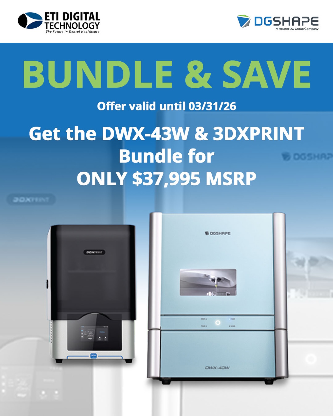 PROMO ALERT!
.
Roland DGA’s Restorative Solutions make it easy for dental businesses of all sizes to deliver fast, precise and predictable dental restorations and 3D printed applications in-house. Easily produce quality restorations and custom titanium abutments with the DWX-43W wet milling solution, and models, occlusal guards, bite splints and more in minutes with the 3DXPRINT Printer. With DGSHAPE DWX milling solutions and 3DXPRINT we have you covered. 🎉
.
Get a DWX-43W & 3DXPRINT for only $37,995! Offer valid NOW to 03/31/2026. 🤗
.
📚 Don’t miss out on this awesome opportunity and get the latest Roland Wet Mill and 3DX Printer Bundle today, contact ETI Digital Technology today at 714-238-1490 or sales@etidigitaltechnology.com! 🥰
.
#etidigitaltechnology #wetmilling #3Dprinting #ambermill #chairsidesolution