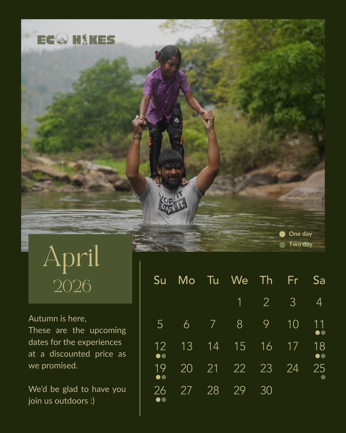April Calender is open for registrations 🌿🍂
A mix of forest hikes, caves, rivers, villages, and time outdoors — spread across the month.
Each experience is kept small, with a pace that allows you to actually be there, not rush through it.
We’ve opened a few slots at a different price for this month.
You can go through the calendar and see what fits your time and interest.
If something here feels like a yes,
you can message us or fill the form to join.
Limited group sizes.