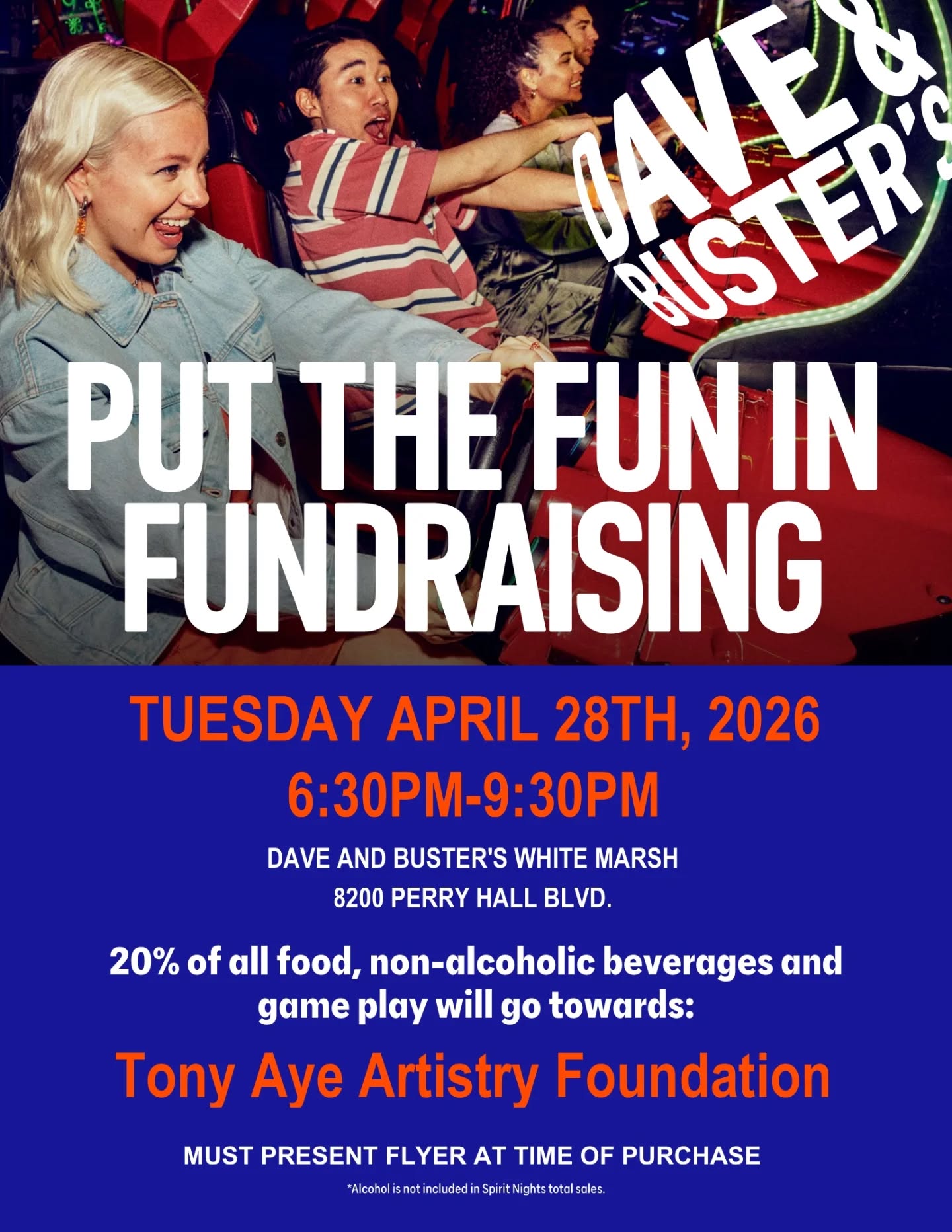 Join us at our next in-person fundraiser @daveandbusterswhitemarshmall Meet the Board, our artists, play some games and enjoy some food with community. 20% goes back to our organization to support upcoming events!
See you
Tuesday, April 28th
6:30 - 9:30 PM
8200 Perry Hall Blvd
Baltimore, MD
Bring your friends, family and coworkers!
#tonyayeartistry #indieartists #FamilyFriendly #gamenight