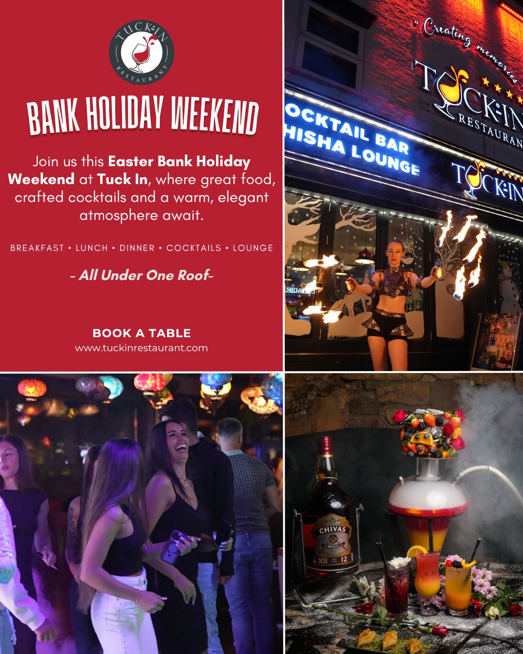 This Easter Bank Holiday Weekend… experience it all at Tuck In.
From relaxed breakfasts to vibrant nights, indulge in exceptional food, signature cocktails, shisha lounge vibes and unforgettable entertainment.
All under one roof.
Make this weekend more than just plans… make it an experience.
📍 Tuck In Restaurant Northampton
Reserve your table now: www.tuckinrestaurant.com