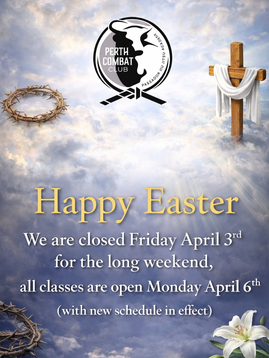 Happy Easter, we are closed Friday and open Monday with our new schedule and official kick off of our striking program. Visit our website www.perthcombat.com to sign up for your free trial.