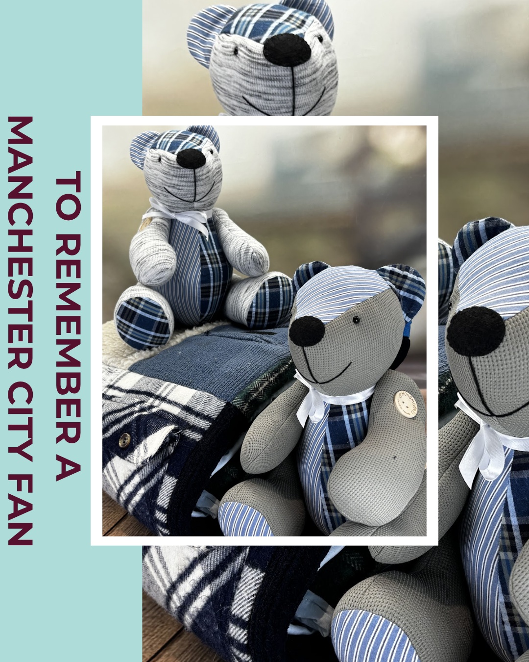 When Stephanie asked me to create a large blanket and two bears from her late dad's clothes, she had a specific request for the blanket backing; pale blue fleece, because he was a Manchester City fan.
Those little details matter so much. It's not just any blue, it's Man City blue. It's a nod to who he was, what he loved, the team he supported. This blanket doesn't just hold his clothes, it holds his passion.
I hope these keepsakes bring Stephanie and her family comfort and celebrate her dad's memory beautifully.
#TracysTreasuredKeepsakes #SmallBusinessUK #PersonalisedKeepsakes #HertsCustomKeepsakes #HandmadeGiftsUK