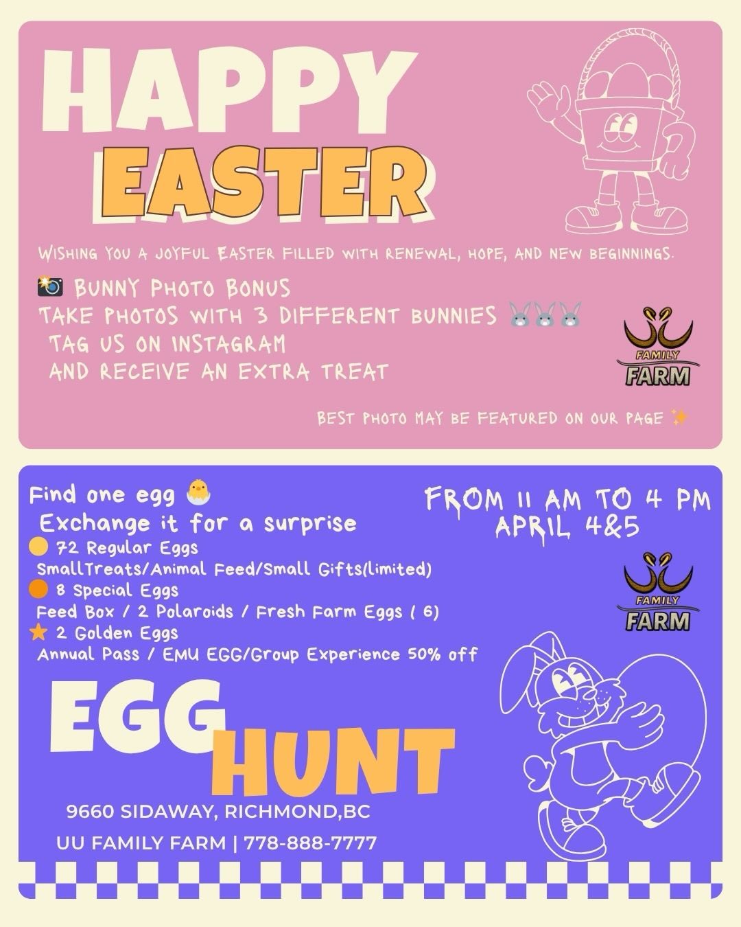 Easter Egg Hunt at the farm 🐣🌸
Cherry blossoms, animals, and a little bit of adventure
Find hidden eggs around the farm and exchange them for surprises 🎁
✨ Special & Golden Eggs = extra prizes
🐰 Bunny Photo Bonus available
🍬 Regular eggs restocked throughout the day
Bring your picnic basket 🧺
slow down, explore, and enjoy a spring day with the animals
No rush — everyone gets a chance 🐣
#eastervancouver #thingstodovancouver #vancouverfamily #ᴇᴀsᴛᴇʀᴇɢɢhunt
#familydayout