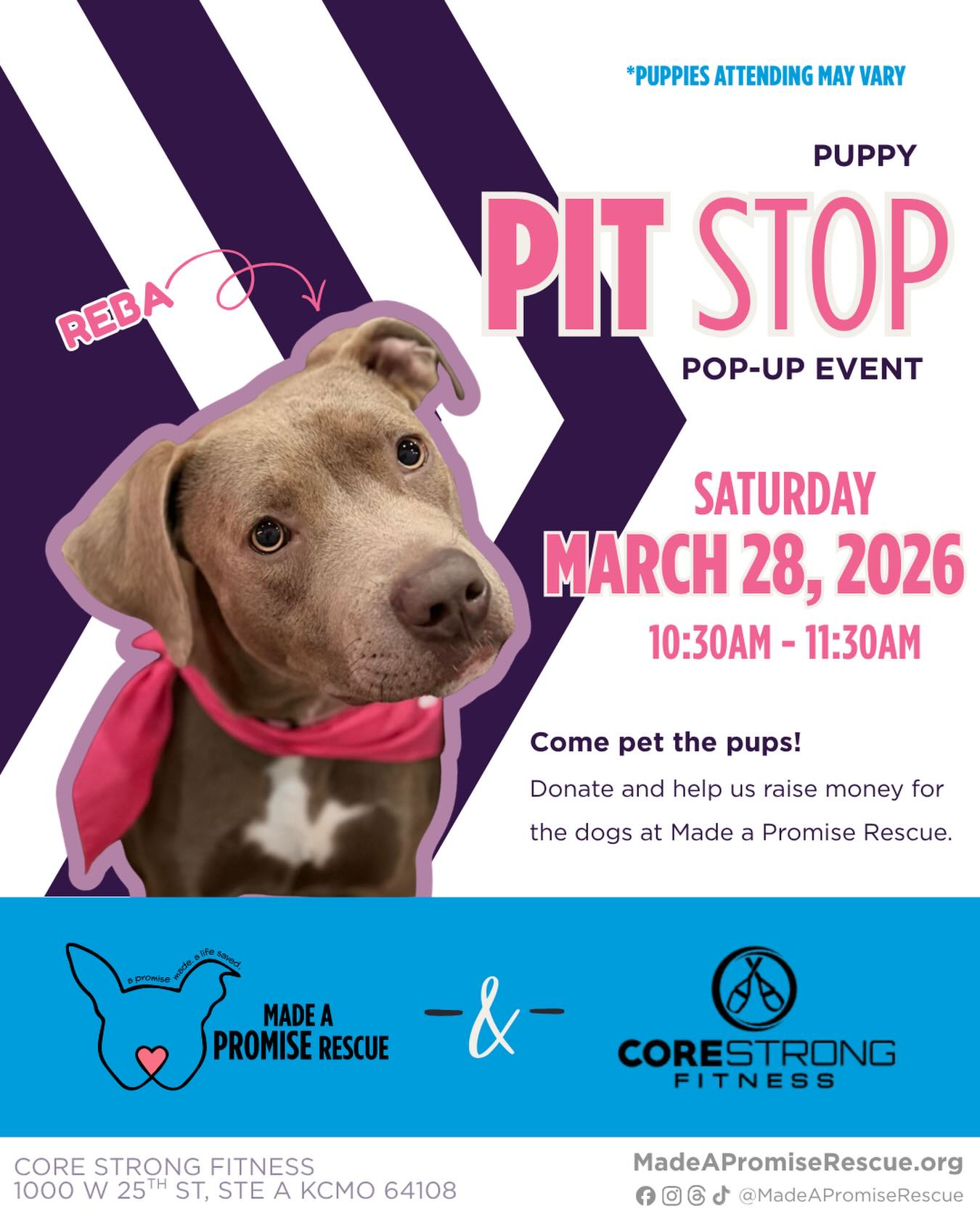 Puppy Pit Stop is almost here!
Come enjoy a work out and tail wags at @corestrongkc this Saturday.