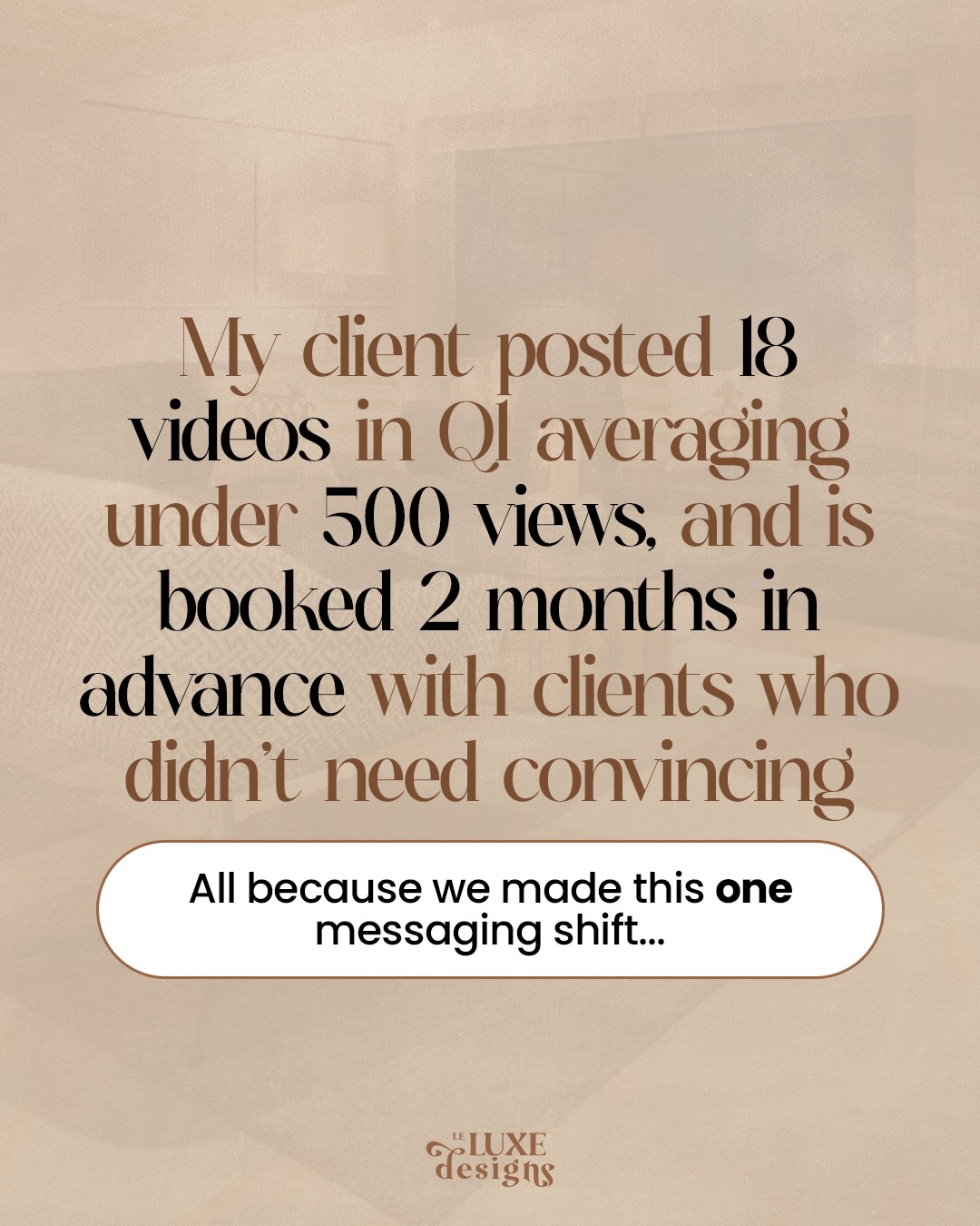 My clients is proof that more views/visibility isn’t the answer to your problems…
Before we worked together, she was struggling with imposter syndrome and perfectionism. She knew her work was amazing but felt overwhelmed watching competitors get clients and thought the answer was being more visible.
So she did just that, posting on stories, reels, and carousels every single day. But it was just bringing in unaligned clients.
Now working together, I realised very quickly that the reason her content wasn’t converting wasn’t because of lack of effort…
but because her messaging was inconsistent😅
Her website, content, and stories were speaking to 3 different people, and there was no main transformation.
Which was leading to hesitant, unaligned buyers.
Giving her clarity on aligning her messaging boosted her confidence. She knew exactly what to say to bring in aligned buyers
With everything aligning with the same messaging angles across her content and stories.
This led her to:
• Make more in Q1 than she did in the last 6 months
• Book aligned clients who didn’t need convincing
• Be booked 2 months in advance
All while posting just 18 pieces of content, each under 500 views.
This happened because she didn’t wait for the “right time.” She knew her messaging wasn’t working and work with us to fix it.
She implemented immediately, didn’t overthink it, and wasn’t willing to let 2026 look like 2025.
If you’re showing up consistently but still attracting hesitant or misaligned clients…
it’s not your lack of effort, it’s your messaging.
You don’t need to post like a robot 7x a week on every single social media platform to convert.
You just need messaging that actually speaks to the right person so even 3 posts a week brings in the right clients.
If you want to be seen as the obvious choice and get booked with the right clients…
DM me the word “Authority” and let’s talk about how we can make that happen✨