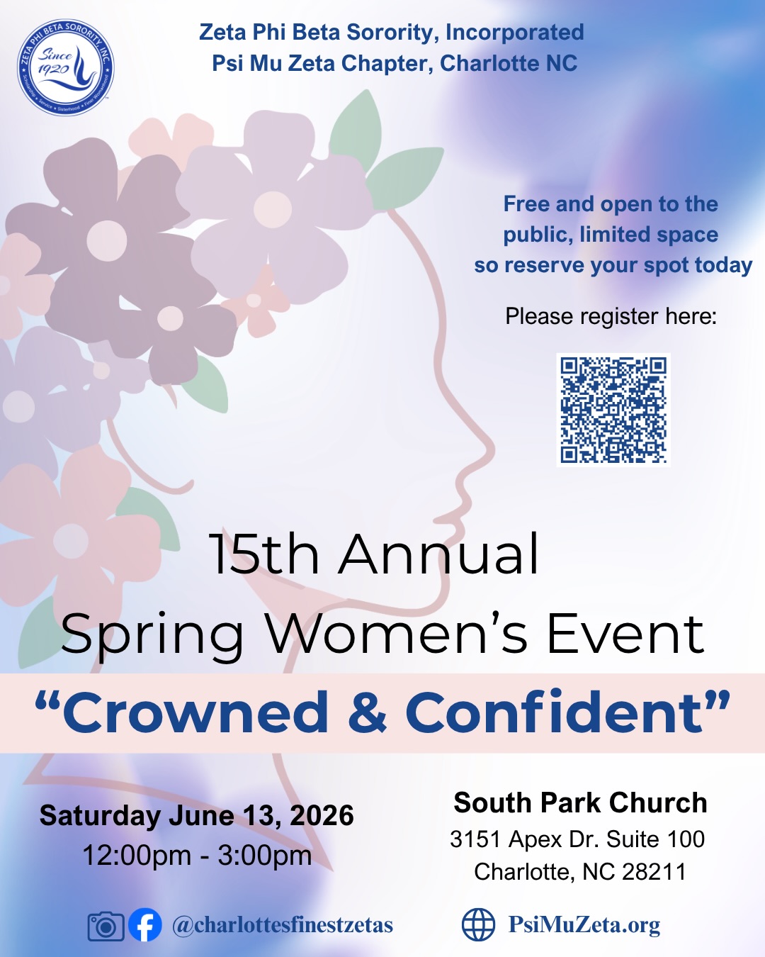 💙15th Annual Spring Women’s Event 🤍
It’s time to register for an afternoon of elegance, empowerment, and inspiration!
📅 Date: June 13, 2026 | 12:00 PM
📍 Location: South Park Church
3151 Apex Dr., Suite 100, Charlotte, NC 28211
👑Theme: Crowned and Confident
Dress in your finest hat or fascinator, sharp shoes, and beautiful attire as we celebrate YOU!
💙 Supporting Women in Need:
We’re proud to partner with Dress for Success Charlotte. Consider donating professional attire or making a monetary gift to help women thrive. Check the flyer for details & QR code.
💙Health & Wellness:
Blood pressure checks and additional women’s health resources will be available.
Register Today: Link in Bio
#zetaphibeta #charlottesfinestzetas #psimuzeta #springwomensevent