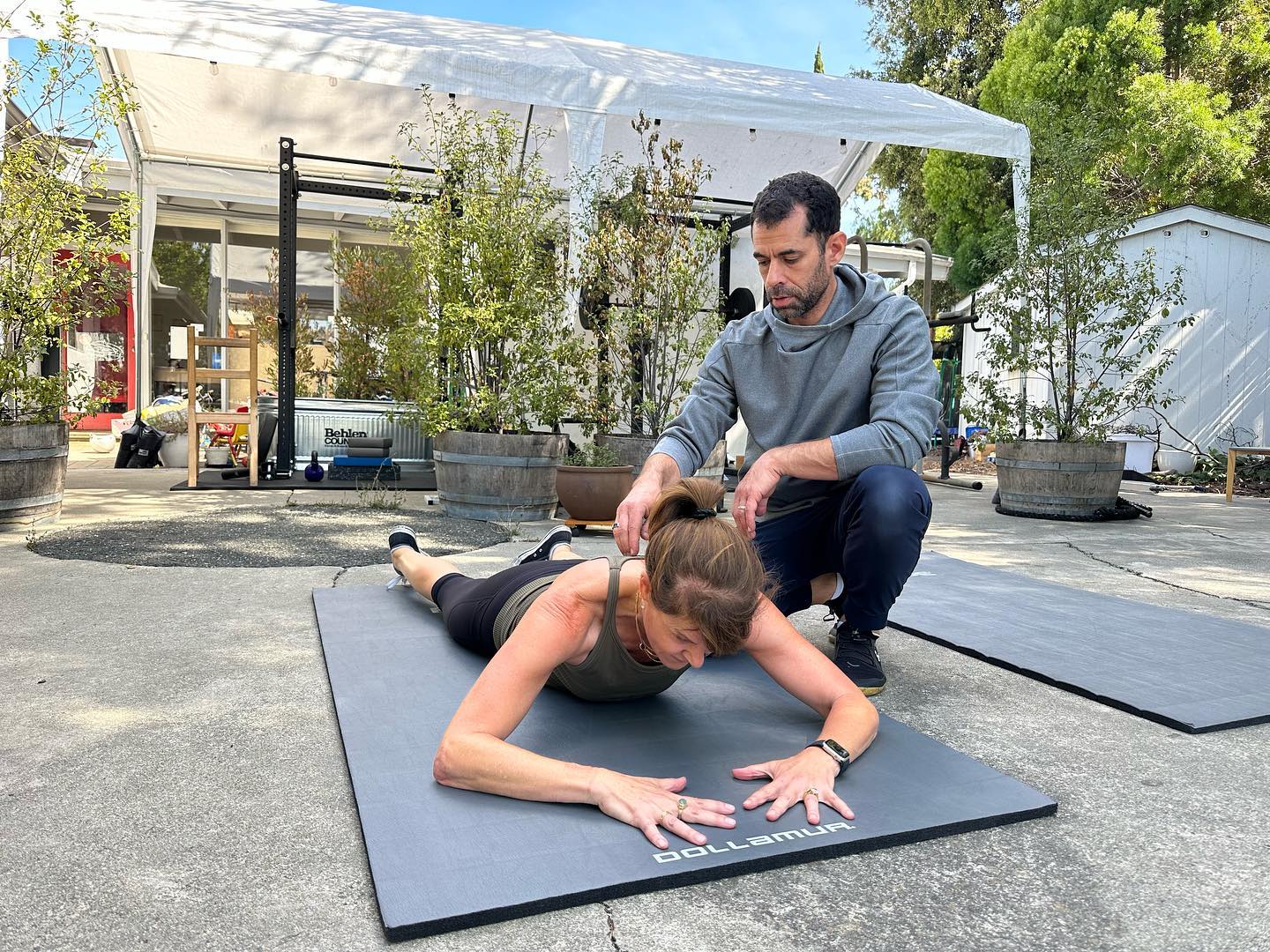 Baby stuff and kettlebells.
The mat work is directly related to the swings in the background. I’m coaching @eileenerb through a 3-4.5 month uprighting sequence, which represents our earliest efforts to get off the ground. We are working on maintaining alignment and stability. The swing is similar in that the body moves from a face-down position to a more upright position. The swing, however, trains power and power endurance. It assumes efficient stability and alignment.