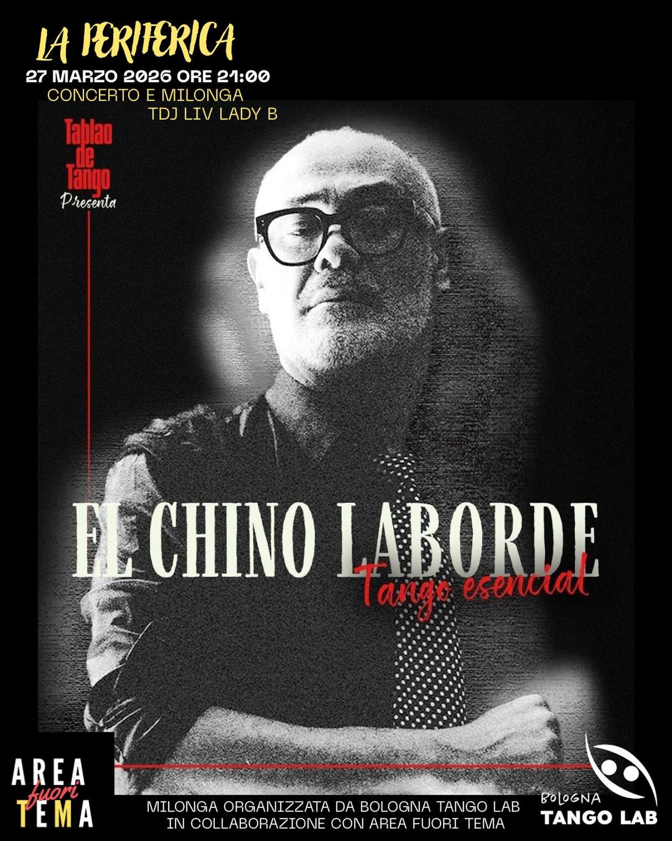 Milonga « la Periferica » presenta ✨TABLAO DE TANGO ✨
@tablaodetango
Concerto + Milonga con Tdj Liv Lady B
Avremo il piacere di ospitare per la Seconda volta a Bologna il Concerto di « tablao De Tango » questa volta in DUO!!!
Tablao de Tango è una formazione a geometria variabile, che unisce in maniera eccezionale solisti virtuosi Argentini.
Per questa gira El Chino Laborde il cantante piu famoso oggi del Tango Contemporaneo (Orchestra Tipica Fernandez Fierro, l’orchestra Tipica Sans Souci) sarà accompagnato alla chitarra da Brian Chambouleyron...
✨Posti limitati, ingresso su Prenotazione compilando il modulo troverete il LINK su FAITANGO FACEBOOK e nelle STORIE
✨richiesta la tessera Acsi Faitango 2026
Per Informazioni:✍️☎️
Contattare: Emmanuelle 348/1212362 / bolognatangolab@gmail.com
@emmanuelle_ponthieux
@bolognatangolab
@laperiferica_