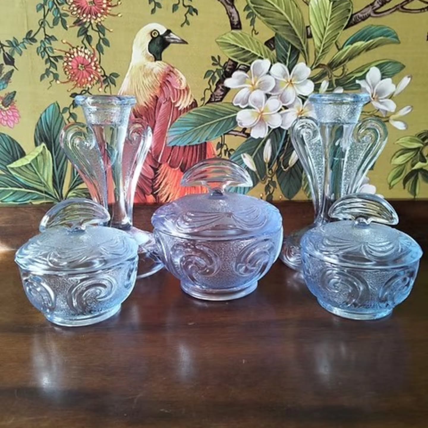 Vintage 1930s Art Deco bagley pressed glass dressing table 5 piece set, | https://share.google/SWrq63MkWQzYCVZpJ #stufftoyouandme
