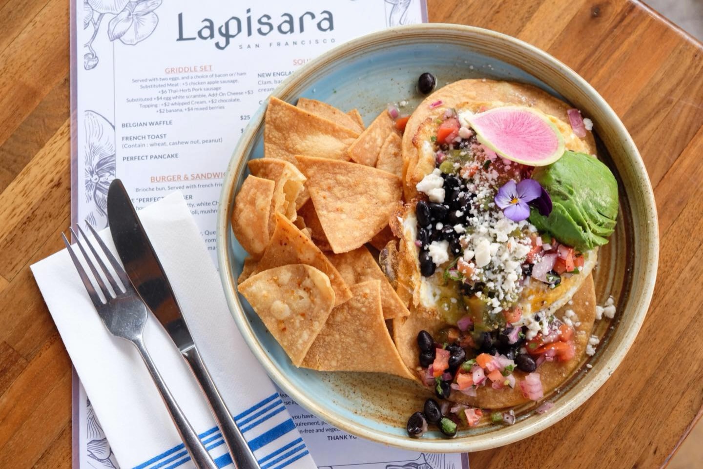 Everything you love about brunch, on one plate.ā£
Crispy tortillas meet savory black beans, finished with over-medium fried eggs and a double-kick of pico de gallo and salsa verde. Don't forget the avocado and Queso Frescoāitās a flavor explosion in every bite.ā£ š„š„¹āØā£
ā£
šLapisara Eateryā£
American/Thai Fusion Breakfast ⢠Brunch ⢠Dinnerā£
š”698 Post St., San Francisco, CA 94109ā£
āļøTel: (415) 655-3556ā£
ā”ļøExplore our menu at www.lapisaraeatery.comā£
ā£
We deliver via @DoorDash @GrubHub š„”šā£
ā£
#lapisaraeatery #visitsanfrancisco #brunch #thaifood #huevosrancheros