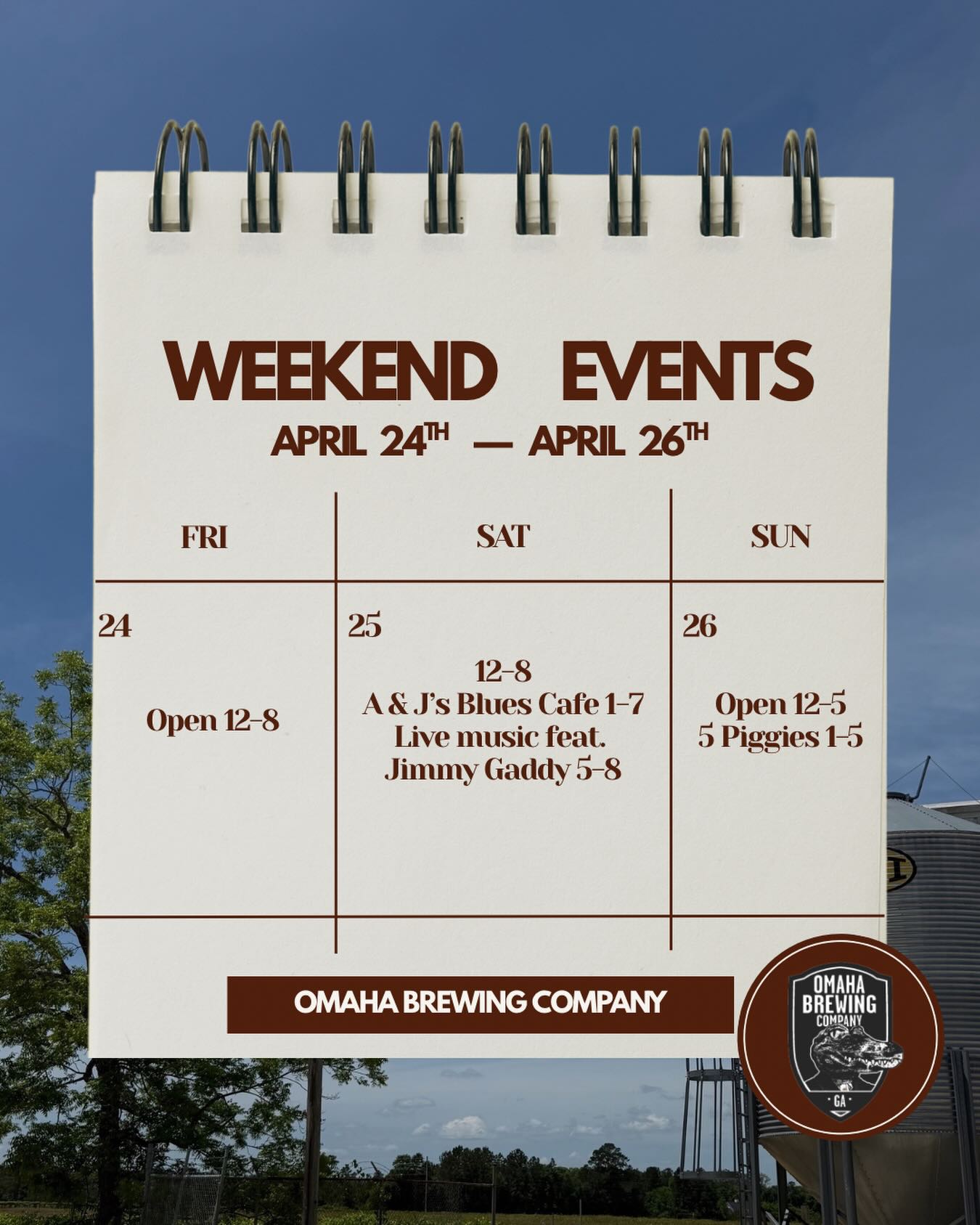 This WEEKEND @ OBC
🍺 FRIDAY: Open from 12-8 + Always welcome to bring your own food!
🍺 SATURDAY: Open from 12-8pm + Live music featuring Jimmy Gaddy 5-8 + A&J’s Blues Cafe 1-7!
🍺 SUNDAY: Open from 12-5 + 5 Piggies 1-5
See y’all this weekend, CHEERS!