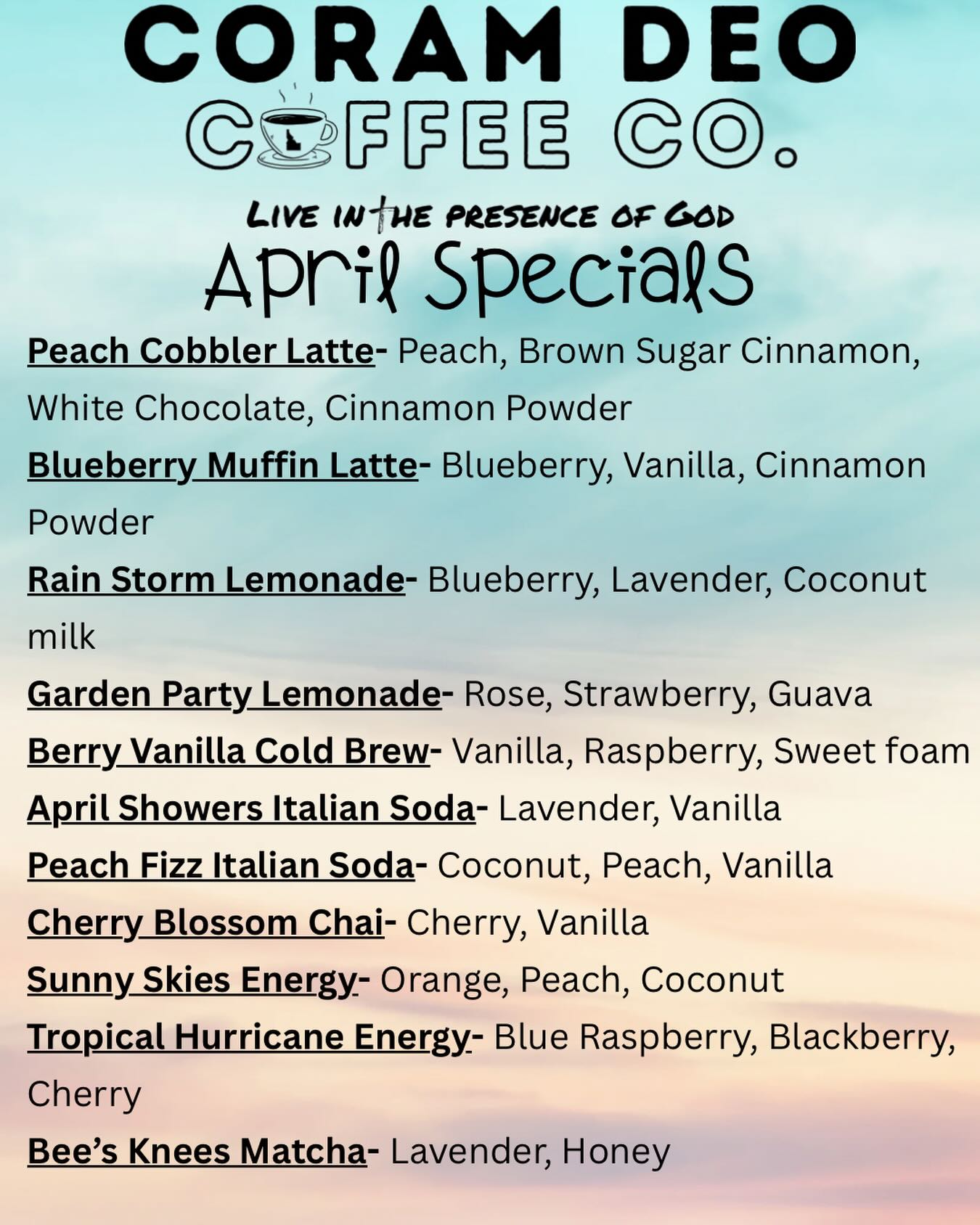 APRIL SPECIALS are here!! #specials #newdrinks #coramdeocoffeeco #coramdeocoffeeconorth