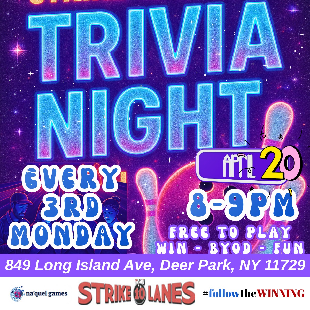 Don’t just watch… COMPETE. 🎯🔥
#DeerParkNY #TriviaNight #LongIslandEvents #GameNight #ThingsToDoLI #NaquelGames #MobileTrivia #BowlAndWin #EventVibes #NaqeulGames #Bowling #TriviaNightRight #DeerPark #LongIsland