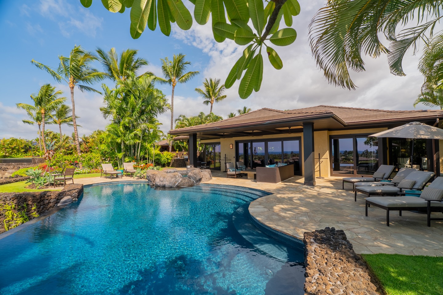 “We had a fantastic stay at the Laueki Ocean and Fairway Estate! The location was terrific, about a 5 minute golf cart ride or 20 minute walk to the resort. We loved the house, with the 3 large and super comfortable bedrooms and the detached ohana cottage, which was perfect for our teenager. Each afternoon we played football or 500 in the large pool and then hit the hot tub. Jessi did a fantastic job getting everything set with our reservations and the check-in was a breeze. We added resort access for our entire stay and, even with our own pool and house to enjoy, still ended up paying significantly less than the cost of multiple rooms at the resort. We already booked our stay for next year!”