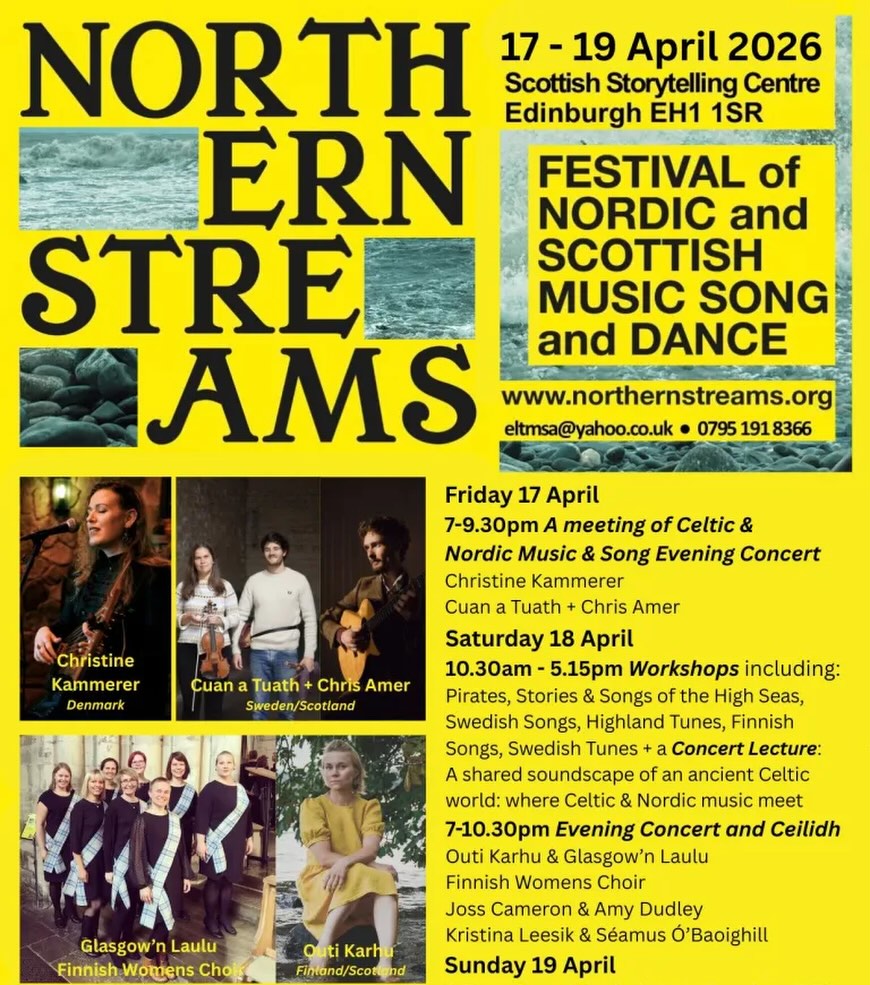 I’ll be performing at the Northern Streams Festival in Edinburgh on Saturday 18th April.
It’ll be a joined performance with Glasgow’n Laulu choir. I’m playing a selection of songs from my album with my choir on harmonies, and we’ll also sing traditional and modern Finnish folk songs.
Really looking forward to this one!
I’m also running a workshop earlier in the day, where we will be using our voices to connect with each other and the world, and exploring Finnish singing style, song and harmony.
Workshop at 2pm
Concert at 7pm
More info and tickets from the festival website or link in my bio.
Come along east coast friends!