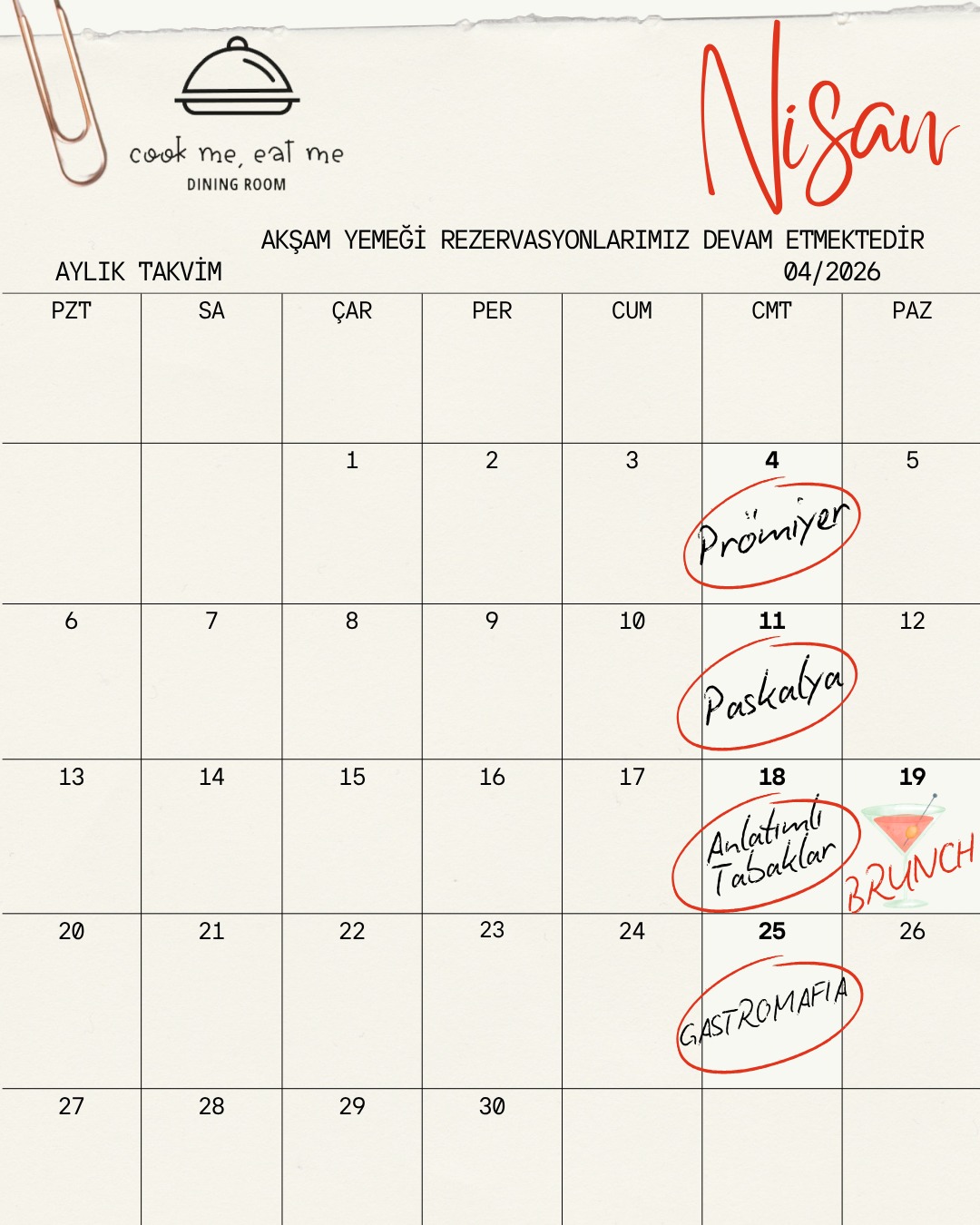 Nisan Ayı Etkinlik Takvimi ✨
Bu ay plan yapmana gerek yok…
Her hafta sonu senin için hazırlandı.
Prömiyer – Bahar Menüsü Lansmanı
Sezonun en taze, en iddialı tabaklarıyla ilk buluşma.
Baharın gelişini sıradan değil, unutulmaz bir akşamla karşılıyoruz.
Paskalya Özel Akşamı
Geleneksel lezzetlerin modern yorumlarla buluştuğu, sıcak ve keyifli bir kutlama masası.
Anlatımlı Tabaklar – Sovyetler Birliği Mutfağı
Fransız mutfağından esinlenen, zorlu iklim koşulları ve sovyet döneminin tarihsel kıtlıklarının şekillendirdiği, 100’den fazla kültürün izlerini taşıyan bir gastronomi yolculuğu.
Sex and the City Brunch
Şehrin en stil sahibi brunch’ında yerini al.
İkonik tatlar, keyifli sohbetler ve bolca “main character energy”.
Gastromafia
Mutfağın sınırlarını zorlayan, sürprizlerle dolu bir gece.
Her tabakta başka bir hikâye, her anında başka bir deneyim.
Rezervasyon ve bilgi için DM'den ulaşabilirsiniz.
Akşam yemeği rezervasyonlarımız için websitemizi ziyaret etmeyi unutmayın.
www.cookmeeatme.com
April Event Calendar
No need to make plans this month…
Every weekend is already curated for you.
Premiere – Spring Menu Launch
The first encounter with the freshest and most ambitious flavors of the season.
We welcome spring not with an ordinary night, but with an unforgettable experience.
Easter Special Evening
A warm and delightful celebration table where traditional flavors meet modern interpretations.
Storytelling Plates – Soviet Union Cuisine
A gastronomic journey shaped by French influences, harsh climate conditions, and the historical scarcities of the Soviet era—bringing together traces of over 100 cultures.
Sex and the City Brunch
Take your seat at the city’s most stylish brunch.
Iconic flavors, delightful conversations, and plenty of “main character energy.”
Gastromafia
A night that pushes the boundaries of the kitchen, full of surprises.
A different story on every plate, a unique experience in every moment.
For reservations and information please contact us via DM.
For dinner reservations, don’t forget to visit our website:
www.cookmeeatme.com