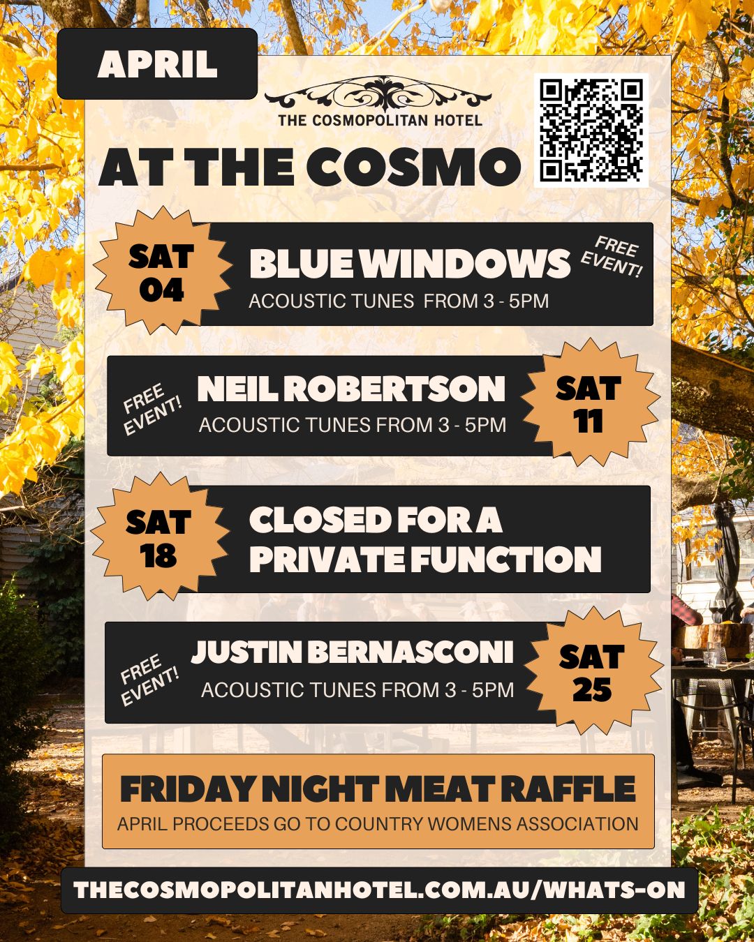 April at The Cosmo brings a solid run of free Saturday afternoon music: folk, Americana and acoustic originals from 3–5pm, with woodfired pizza running all afternoon.
SAT 4 - @bluewindowsband
SAT 11 - @neilrobertsonmusic
SAT 18 - Closed for a private function
SAT 25 - @justin_bernasconi_music
The Friday night meat tray raffles in April = proceeds going to the Country Women's Association.
Find artist info and bookings via The Cosmo website.
#trentham #cosmotrentham #livemusictrentham #macedonranges #thecosmopolitanhotel