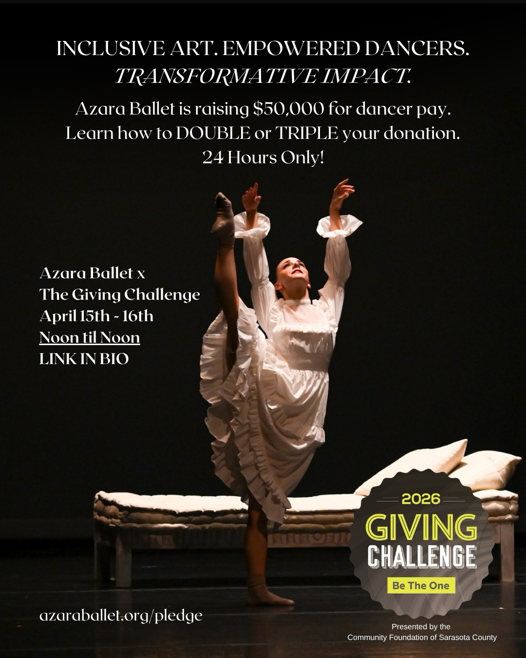 As a nonprofit dance company, we prioritize dancer well-being. It is the foundation of why we even exist. The giving challenge is in 13 days and is a HUGE opportunity for your gift to be matched and for us to raise the funds we need for another successful season. Please considering making a pledge today! Link in bio @azaraballet #dancer #ballet #nonprofit #azaraballet photo by @alexa.a.photography