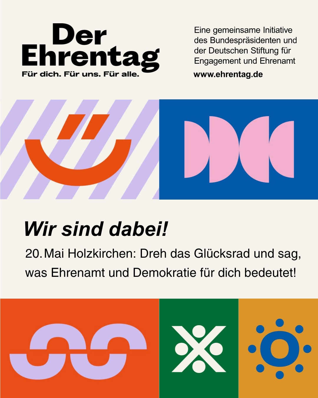 Am 23. Mai wird das Grundgesetz 77 Jahre alt 🎂 und wir feiern mit. Der Ehrentag ist ein bundesweiter Mitmachtag, um das gesellschaftliche Miteinander zu feiern. Denn Demokratie lebt von Menschen, die sich engagieren und füreinander einsetzen. Der Aktionszeitraum geht vom 16. bis zum 31. Mai 2026.
Wir sind mit dabei und laden euch am 20. Mai herzlich auf den Wochenmarkt in Holzkirchen ein. 🎡 Bei unserer Mitmachaktion dreht ihr das Glücksrad und sagt uns mit einem Wort, was Ehrenamt und Demokratie für euch bedeuten.
Eure Antworten werden auf Karten geschrieben und an einer Leine befestigt. So entsteht im Laufe des Vormittags ein buntes Wortband, das zeigt, wie vielfältig Engagement und Zusammenhalt sind.
Und das Beste: Am Glücksrad warten fair gehandelte Produkte aus dem Holzkirchner Eine-Welt-Laden auf euch.
📍 Marktplatz Holzkirchen | 🕙 10:00–12:00 Uhr
Wir freuen uns auf euch. Für dich. Für uns. Für alle. 💛
#Ehrentag #Ehrenamt #Holzkirchen #Demokratie #Mitmachen #GemeinsamStark