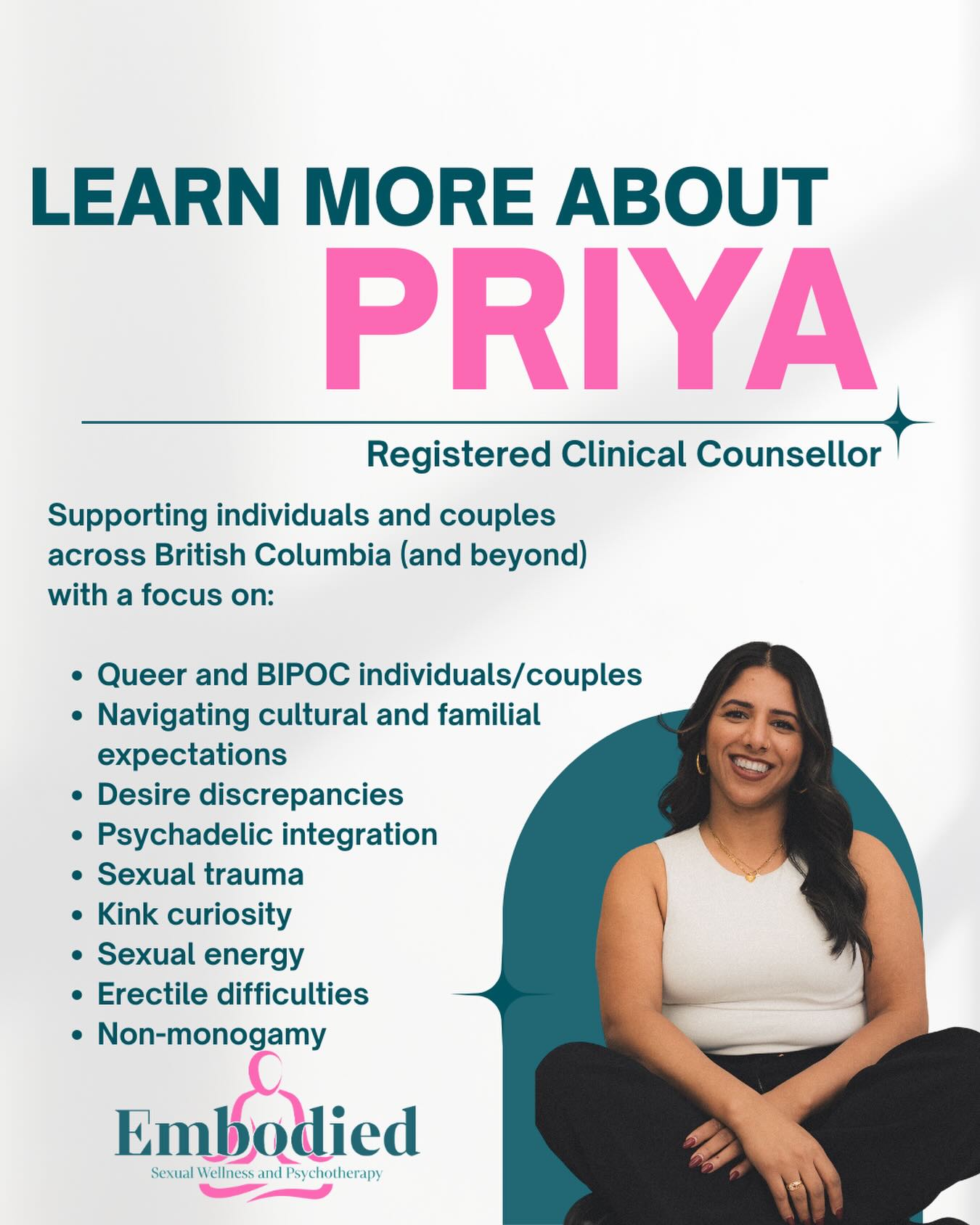 Priya is now welcoming new clients ✨
As a Registered Clinical Counsellor, she supports individuals, couples and polycules across BC (and beyond) with care that is affirming, inclusive, and deeply attuned.
Her work focuses on:
✨ Queer & BIPOC individuals/couples
✨ Navigating cultural & familial expectations
✨ Desire discrepancies
✨ Psychedelic integration
✨ Sexual trauma
✨ Kink curiosity
✨ Sexual energy
✨ Erectile difficulties
✨ Non-monogamy
If you’ve been looking for a space to explore your experiences with openness, nuance, and zero judgment- this is your invitation.
Reach out to learn more or book a session here:
https://www.embodiedsexualwellness.com/priyagill