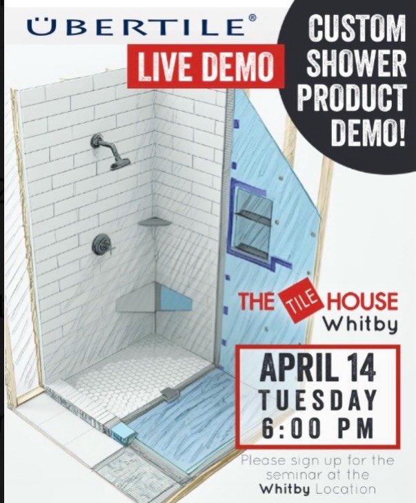 Come join us at our Whitby store on Tuesday, April 14th at 6pm to learn about Ubertile waterproofing systems. Watch a live demonstration of the product installation by a company rep. Call, email, DM, or come in to the store to sign up. #tile #ubertile #thetilehouse #waterproofing #howto