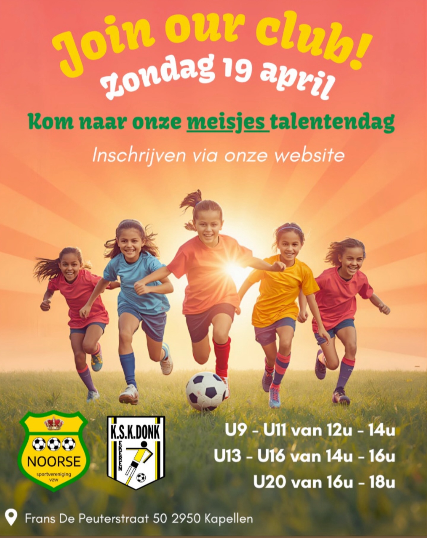 ✨ GIRLS & SOCCER ⚽💥
Droom jij van een toekomst in het voetbal? Of wil je gewoon ontdekken hoe leuk het is om samen te spelen, bij te leren en je talent te laten zien? Dan is dit jouw moment!
Samen met onze partnerclub @knoorsesv organiseren wij een Talentendag speciaal voor meisjes 💪💖
🔥 Wat kan je verwachten?
– Fun en uitdagende trainingen
– Nieuwe skills leren
– Ontmoet andere gemotiveerde girls
– Proeven van de sfeer binnen onze clubs
Of je nu al jaren speelt of gewoon nieuwsgierig bent… iedereen is welkom 🙌
📅 Schrijf je snel in en laat zien wat jij in huis hebt!
📍 Alle info vind je op de poster
Tag je teamgenootje, vriendin of zus die dit niet mag missen 👇
#GirlsInFootball #Talentendag #VoetbalMeisjes #SheCanPlay #NextGen FootballGirls DreamBig