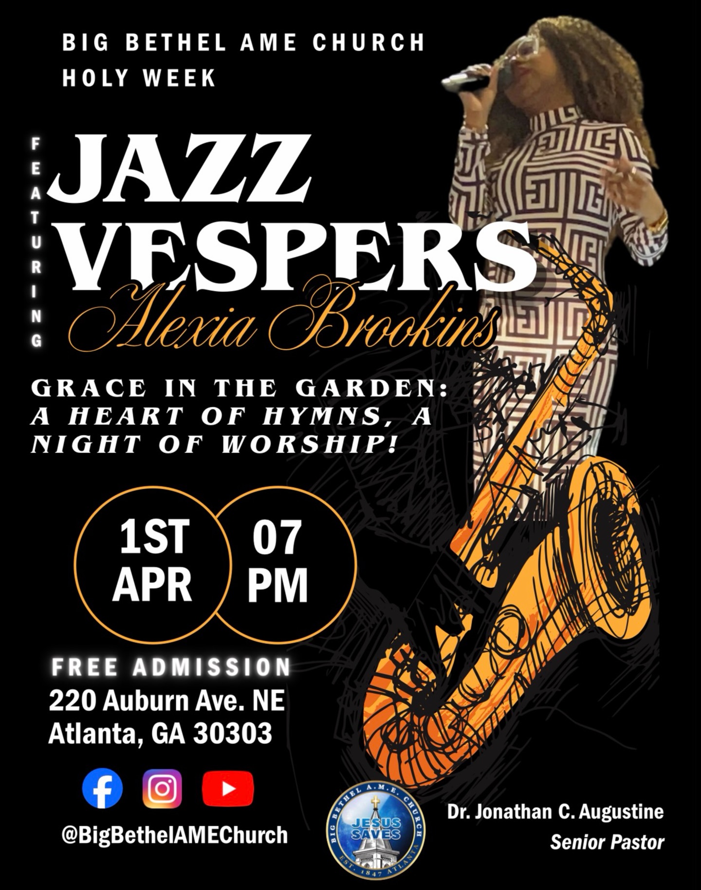 🎷Join us for a powerful night of worship and sound at Big Bethel AME Church! 🎶✨
Our Holy Week Jazz Vespers will feature the incredible Alexia Brookins, for an evening of spirit-filled music, reflection, and praise.
“Grace in the Garden: A Heart of Hymns, A Night of Worship.” Come experience worship in a way that feeds the soul and lifts the spirit, you don’t want to miss it!
🎟 FREE Admission
#HolyWeek #JazzVespers #BigBethelAME #WorshipThroughMusic #ATLChurch