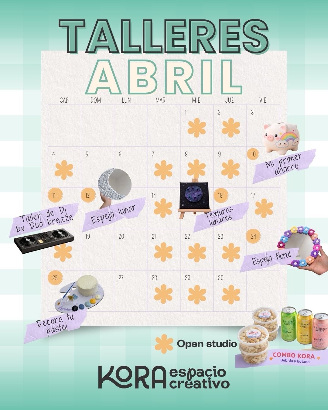 ✨ ¡Cartelera de Abril! ✨
Este mes tenemos talleres para todos: arte, música, creatividad y diversión 🎨🎶🍰
🗓️ Agenda:
🌙 10 abril – Mi primer ahorro ($250)
🎧 11 abril – Taller de DJ ($350)
🌙 12 abril – Espejo lunar ($550)
🎨 16 abril – Texturas lunares ($350)
🌸 24 abril – Mi espejo floral ($350)
🍰 25 abril – Cake fun: Decora tu pastel ($470)
💫 Todos incluyen materiales + bebida y botana ¡también las actividades permanentes del Open studio!
📍 Kora Espacio Creativo
Ven a crear, aprender y pasarla increíble 💛
¡Cupo limitado!
📩 Reserva tu lugar por DM
#TalleresCreativos #KoraEspacioCreativo #Arte #DIY #AbrilCreativo: