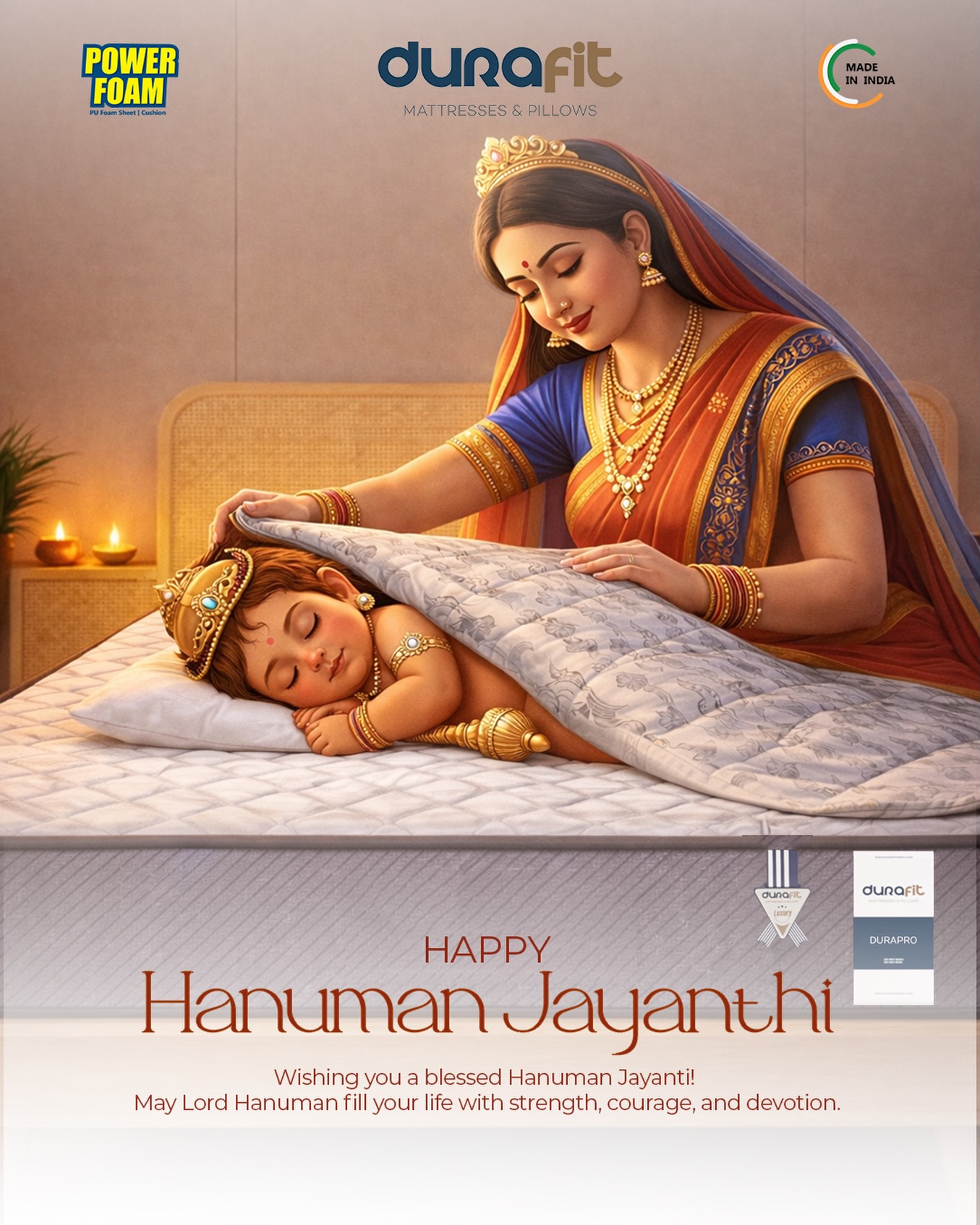 May the divine strength and gentle protection of Lord Hanuman fill your home with peace and comfort.
Just like Maa Anjani’s loving care, may every night bring restful sleep and every morning bring renewed energy.
#HanumanJayanti #JaiHanuman #Blessings #FestiveVibes #IndianFestivals
(DivineLove PeacefulSleep Durafit MadeInIndia HomeComfort FestivePost SpiritualVibes GoodSleep MattressComfort)