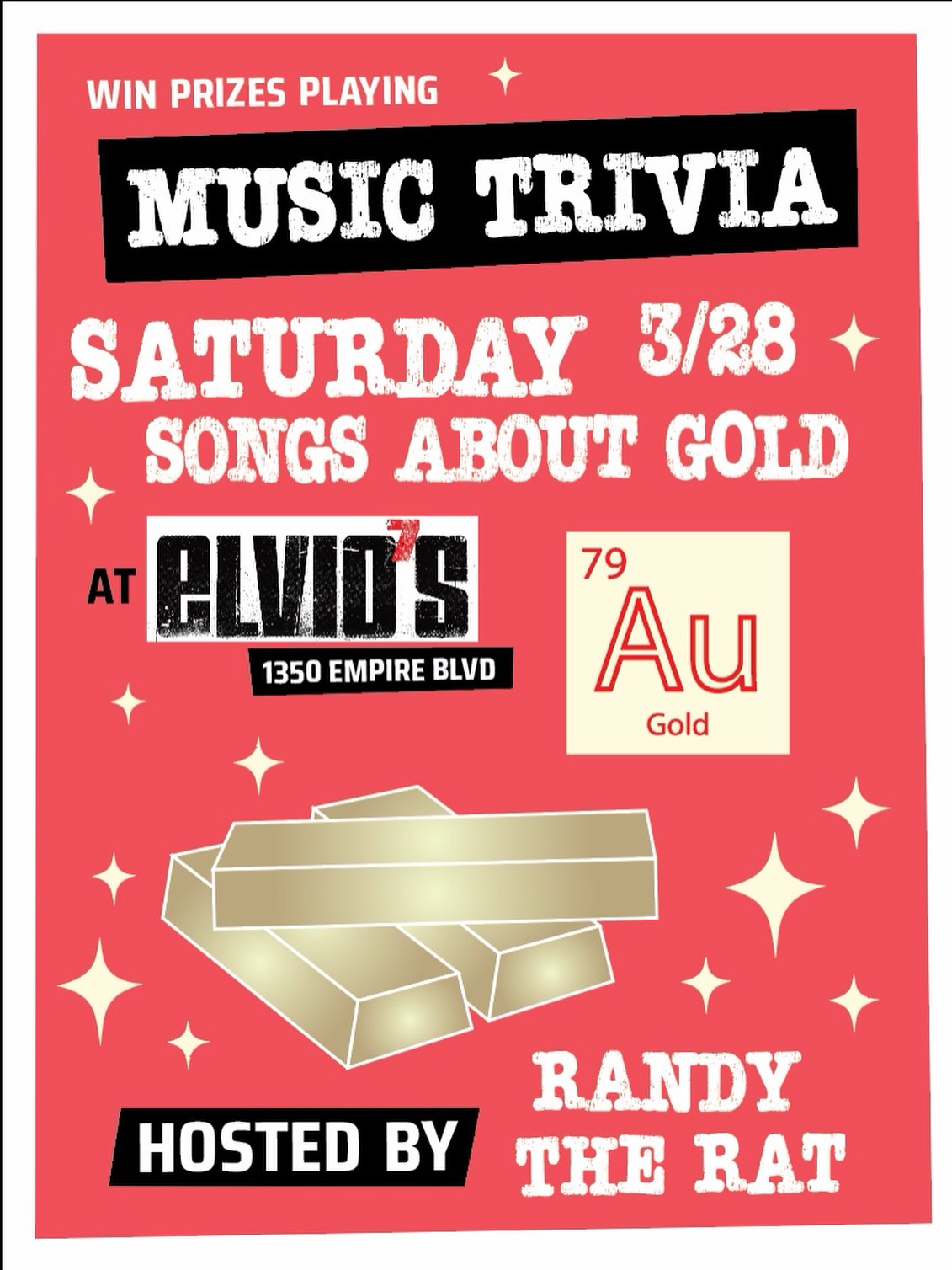 Music Trivia today 🎶
Songs about gold ✨
Starts at 1:30pm
On the Bay. 1350 Empire Blvd
#ElviosCoffee #MusicTrivia #RochesterNY #Trivia #WeekendPlans