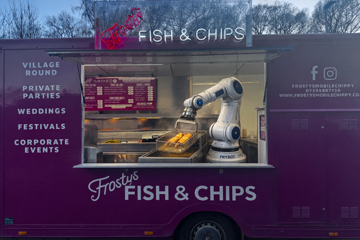 Big announcement from Frosty’s… 👀
After a few months of planning behind the scenes, we’re finally ready to let you all in on what we’ve been working on…
🤖 AI & robotics are coming to Frosty’s 🤖
Some of you might know that I was away recently on a “training course”… well that wasn’t just for show.
That was to finalise the finer details of the new system… programming, portion control… and of course, naming the robot…
So everyone meet our newest team member:
Sir Chips-a-Lot 3000 🍟
He’ll be taking over frying duties - perfectly cooked fish, golden chips every time, and not a complaint in sight (unless he runs out of oil… we’re still working on that).
What this means for me:
•More holidays without stressing about the fryer
•More time in the pub doing “research” 🍺
•And more nights on the sofa watching films while Sir Chips-a-Lot keeps things running
Don’t worry though… we’ve made sure he knows the most important rule:
👉 never be tight on portions
