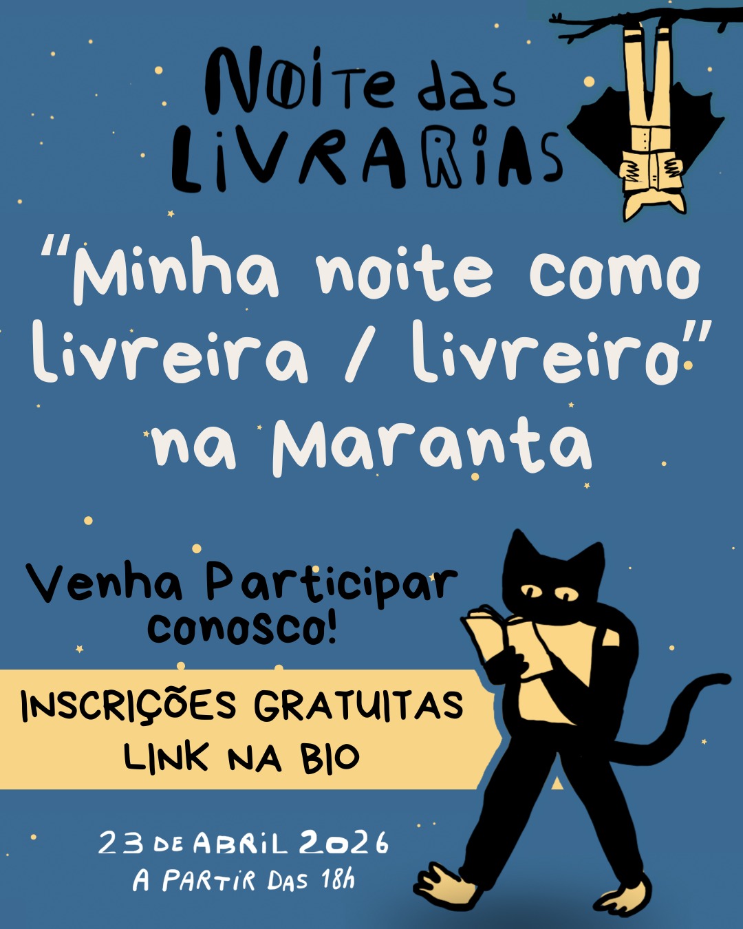 No Dia do Livro 📚, a noite é nas livrarias!
Neste 23 de abril, vamos celebrar o livro com uma programação simultânea, gratuita e coletiva em diversas livrarias de rua de todo país.
A Maranta Livraria 📚🌿 se uniu a esse movimento nacional e convida você que ama livros a participar da “Minha noite como livreira/livreiro”.
Será uma noite em que leitoras e leitores da Maranta Livraria indicarão livros que todas as pessoas deveriam ler.
Inscrições abertas e gratuitas até 15 de abril!
Venha participar!
Mais informações em:
https://forms.gle/n9EZ2Wm6LyZ55Paa8