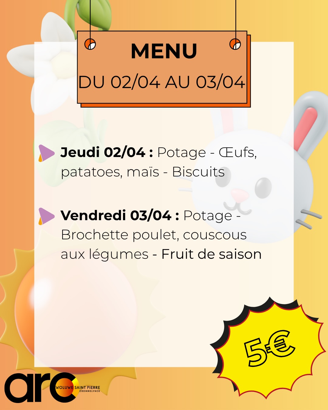 ❄️🌸 Le menu du mois d’avril 2026 est arrivé à la cantine ! 🌸☀️
Avril, c’est le printemps qui s’installe pour de bon, les journées qui s’étirent, la nature qui explose de couleurs… et des assiettes qui suivent le mouvement ! 🌷✨
Pour fêter l’arrivée des vacances de printemps, la cantine met les petits plats dans les grands — avec toute l’énergie de la saison ! 🌿🌈
Chaque jour, notre équipe cuisine sur place dans les cuisines de l’école des repas chauds, équilibrés et faits maison, pour le plaisir des petits comme des grands 😊
🍽️ Au menu en avril :
👨🍳 Des plats faits maison, généreux et savoureux ;
🌱 Des recettes légères et festives aux couleurs du printemps ;
🥕 Des légumes de saison pour des assiettes vivantes et gourmandes ;
🌼 Une touche de fête pour bien démarrer les vacances de printemps ;
🥗 Des accompagnements variés pour des repas complets et équilibrés.
💶 Un repas complet à seulement 5€, accessible à toutes et à tous.
📅 Le menu détaillé est à retrouver au réfectoire et sur nos réseaux.
✨ Nous vous souhaitons de belles vacances de printemps… et surtout, bon appétit ! 😊
#CantineScolaire #MenuAvril #VacancesDePrintemps #BonjourPrintemps #FaitMaison 🌸