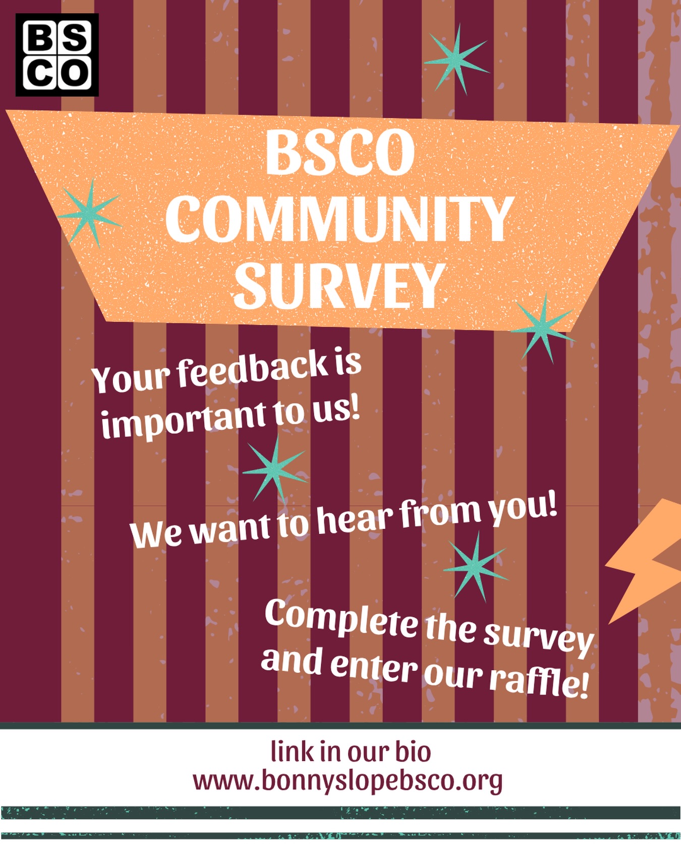 📢 We want to hear from YOU: what are the events and extras that BSCO sponsors that are important to your family? What do your kids want to attend? What activities, beyond the school-day, are important to you? Is there something we can do differently?
⭐️ Please take a few moments and complete the BSCO Community Survey - linked in our bio. ⭐️
P.S. Upon completion of the survey, there will be a link to a new and separate form to enter a raffle! An entry will be selected to win participation in one of the Grade-Level experience parties (that will be up for bid at the auction) at no cost!