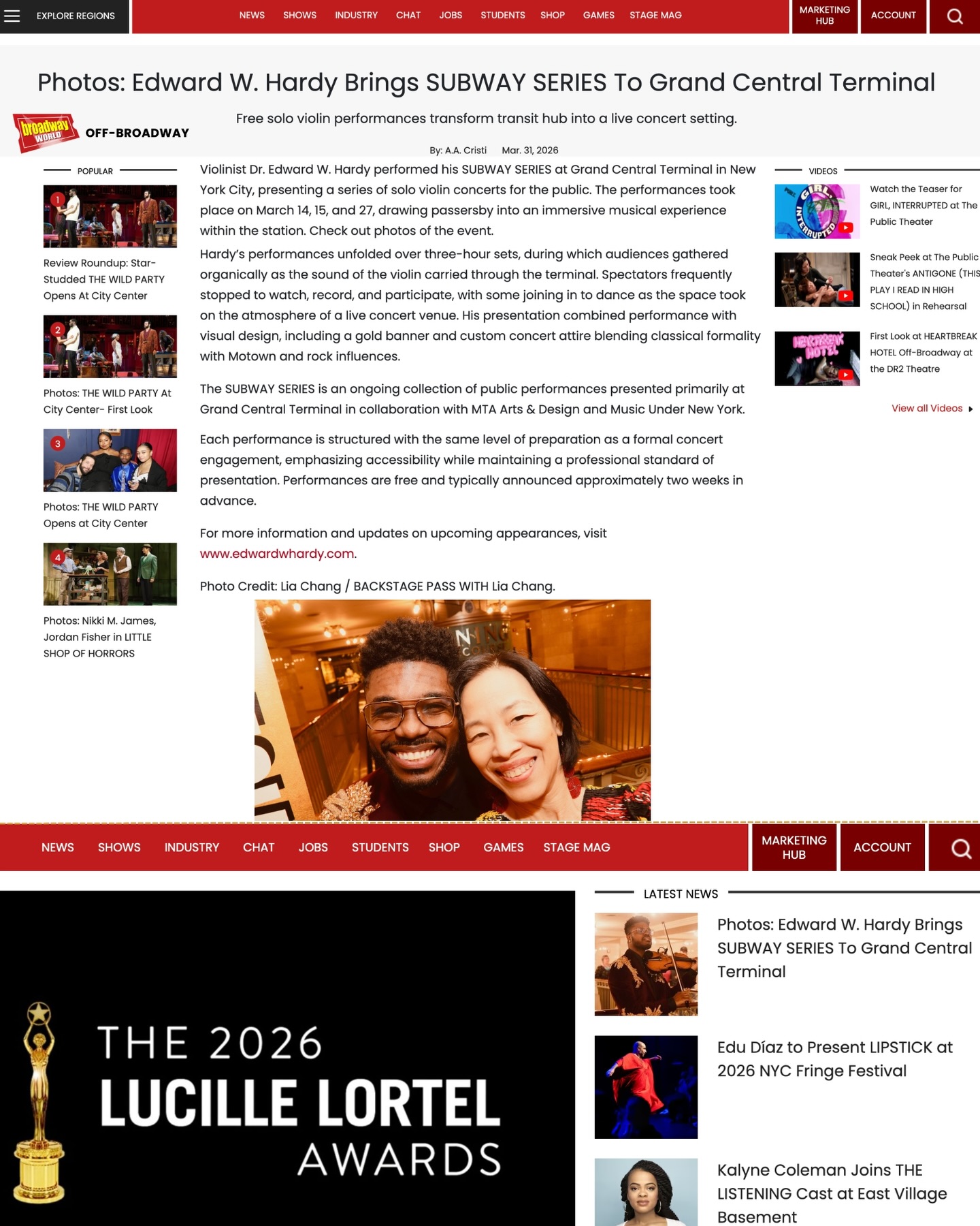 First the video interview in their classical music section, and now the photos feature on their off-Broadway homepage! Thank you for all the love, @officialbroadwayworld!🙏🏾😆🎻
—
By: A.A. Cristi | Mar. 31, 2026
“Photos: Edward W. Hardy Brings SUBWAY SERIES To Grand Central Terminal
Free solo violin performances transform transit hub into a live concert setting.
Violinist Dr. Edward W. Hardy performed his SUBWAY SERIES at Grand Central Terminal in New York City, presenting a series of solo violin concerts for the public. The performances took place on March 14, 15, and 27, drawing passersby into an immersive musical experience within the station. Check out photos of the event.
Hardy’s performances unfolded over three-hour sets, during which audiences gathered organically as the sound of the violin carried through the terminal. Spectators frequently stopped to watch, record, and participate, with some joining in to dance as the space took on the atmosphere of a live concert venue. His presentation combined performance with visual design, including a gold banner and custom concert attire blending classical formality with Motown and rock influences.
The SUBWAY SERIES is an ongoing collection of public performances presented primarily at Grand Central Terminal in collaboration with MTA Arts & Design and Music Under New York. The program features a wide-ranging repertoire that spans classical works, jazz, Latin music, rock, and contemporary selections, reflecting Hardy’s multi-genre approach to the violin.
Each performance is structured with the same level of preparation as a formal concert engagement, emphasizing accessibility while maintaining a professional standard of presentation. Performances are free and typically announced approximately two weeks in advance.
For more information and updates on upcoming appearances, visit www.edwardwhardy.com.
Photo Credit: @liachangphotography / @backstagepasswithliachang”
https://www.broadwayworld.com/off-broadway/article/Photos-Edward-W-Hardy-Brings-SUBWAY-SERIES-To-Grand-Central-Terminal-20260331
#interview #composer #violinist #photography #offbroadway @grandcentralnyc @mta