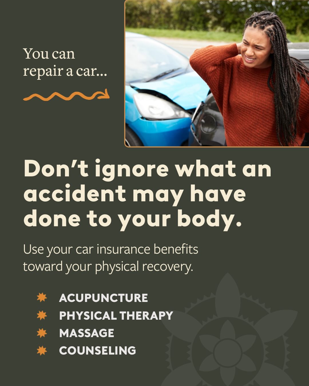 🚗🚴♂️🚙 Have you or someone you know been in an accident involving a car in Oregon? You have health benefits included as part of your car insurance, regardless of fault! They exist to provide physical recovery for the pain and injuries from auto accidents.
Our practitioners are experts in injury care and pain relief, using massage, acupuncture, PT, and even mental health.
Call our office and utilize these benefits before they expire—we are happy to help make the process simple. 📲