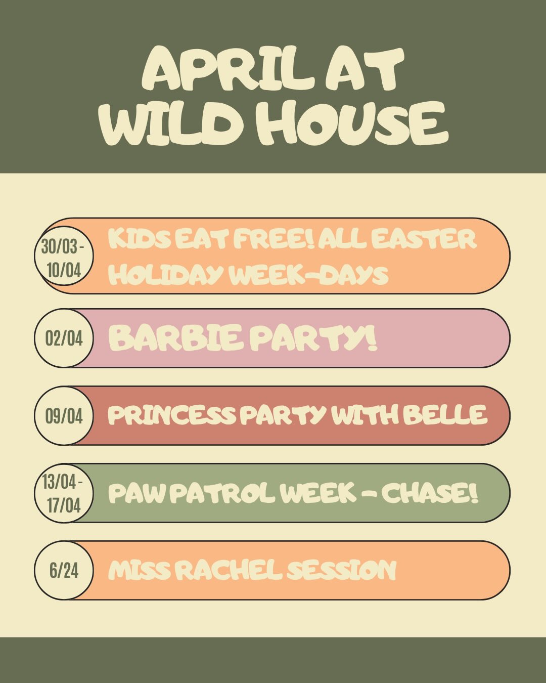 End of March & April at Wild House ✨
This Easter holiday, kids eat FREE with every adult meal - every weekday! 🙌
We’ve got lots of egg-citing events lined up, plus Easter crafts available in every session 🐣🎨
Come and make some magical memories with us 💛