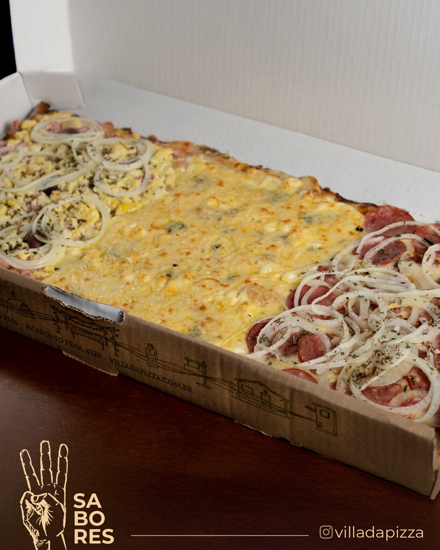 Sua semana combina com pizza quadrada e três sabores da Villa 🧡