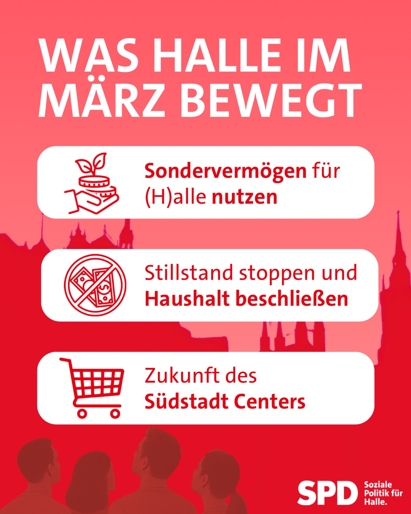 𝗪𝗮𝘀 𝗛𝗮𝗹𝗹𝗲 𝗶𝗺 𝗠ä𝗿𝘇 𝗯𝗲𝘄𝗲𝗴𝘁
Heute steht die März-Sitzung des Stadtrates an. Die Tagesordnung ist diesmal etwas kürzer als sonst. Aber trotzdem geht um entscheidende Weichenstellungen für unsere Stadt.
𝗦𝗼𝗻𝗱𝗲𝗿𝘃𝗲𝗿𝗺ö𝗴𝗲𝗻 𝗳ü𝗿 (𝗛)𝗮𝗹𝗹𝗲 𝗻𝘂𝘁𝘇𝗲𝗻
Für Halle stehen 116 Millionen Euro aus dem Sondervermögen im Raum. Jetzt muss der Stadtrat die entscheidende Frage beantworten: Wofür setzen wir dieses Geld ein? Für uns ist klar, dass es nicht bei ein paar Leuchttürmen bleiben darf während anderswo die Lampen flackern. Wir wollen Investitionen, die in der ganzen Stadt ankommen und dazu gehört für uns auch, 1,1 Millionen Euro in die Modernisierung von Schultoiletten zu stecken.
𝗦𝘁𝗶𝗹𝗹𝘀𝘁𝗮𝗻𝗱 𝘀𝘁𝗼𝗽𝗽𝗲𝗻 𝘂𝗻𝗱 𝗛𝗮𝘂𝘀𝗵𝗮𝗹𝘁 𝗯𝗲𝘀𝗰𝗵𝗹𝗶𝗲ß𝗲𝗻
Halle droht ein Jahr des Stillstandes, weil bis heute kein genehmigter Haushalt vorliegt. Ohne Haushalt fehlt am Ende das Geld für Jugend, Sport, Kultur und wichtige Investitionen, also genau für das, was eine Stadt lebendig macht. Damit der Haushalt genehmigt werden kann, muss Halle jedes Jahr 20 Millionen Euro einsparen. Wir wollen diese Last möglichst breit verteilen statt ausgerechnet Menschen mit kleinen Einkommen besonders stark zur Kasse zu bitten.
𝗭𝘂𝗸𝘂𝗻𝗳𝘁 𝗱𝗲𝘀 𝗦ü𝗱𝘀𝘁𝗮𝗱𝘁 𝗖𝗲𝗻𝘁𝗲𝗿𝘀
Das Südstadt Center ist geschlossen und mit Kaufland ist auch der größte Mieter ausgezogen. Klar ist aber auch: Die Nahversorgung für den Süden von Halle bleibt wichtig, denn ein Stadtteil braucht mehr als leere Schaufenster. Deshalb fragen wir die Verwaltung nach dem aktuellen Stand und wollen wissen, wie es mit dem Standort weitergeht.